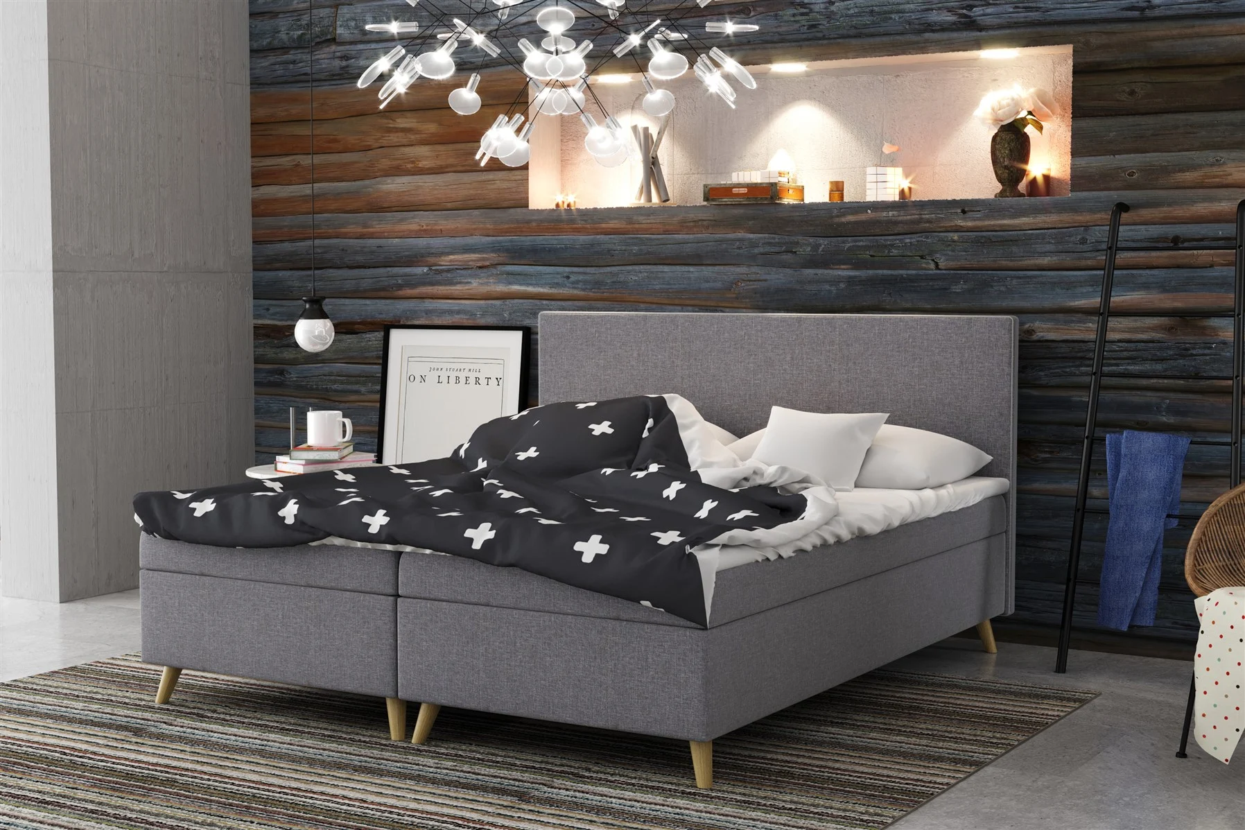Boxspringbett Schlafzimmerbett Sileno 140x200cm in Stoff Sawana Dunkelgrau - Fun Moebel