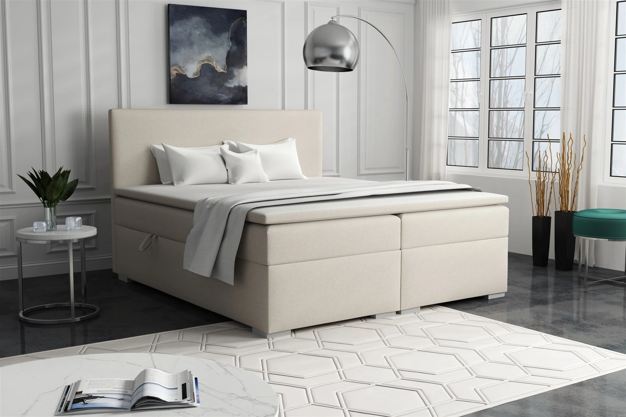 Boxspringbett Schlafzimmerbett SOREL 140x200cm Stoff Aragon Beige - Fun Möbel