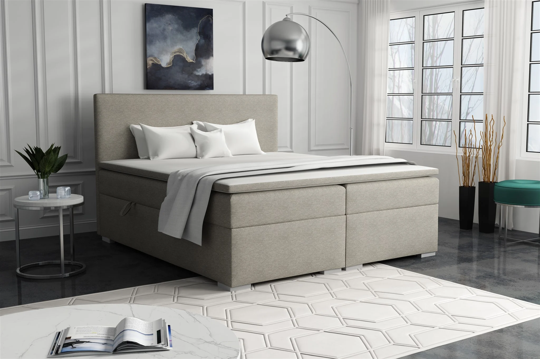 Boxspringbett Schlafzimmerbett SOREL 140x200cm Stoff Aragon Cappuccino - Fun Möbel