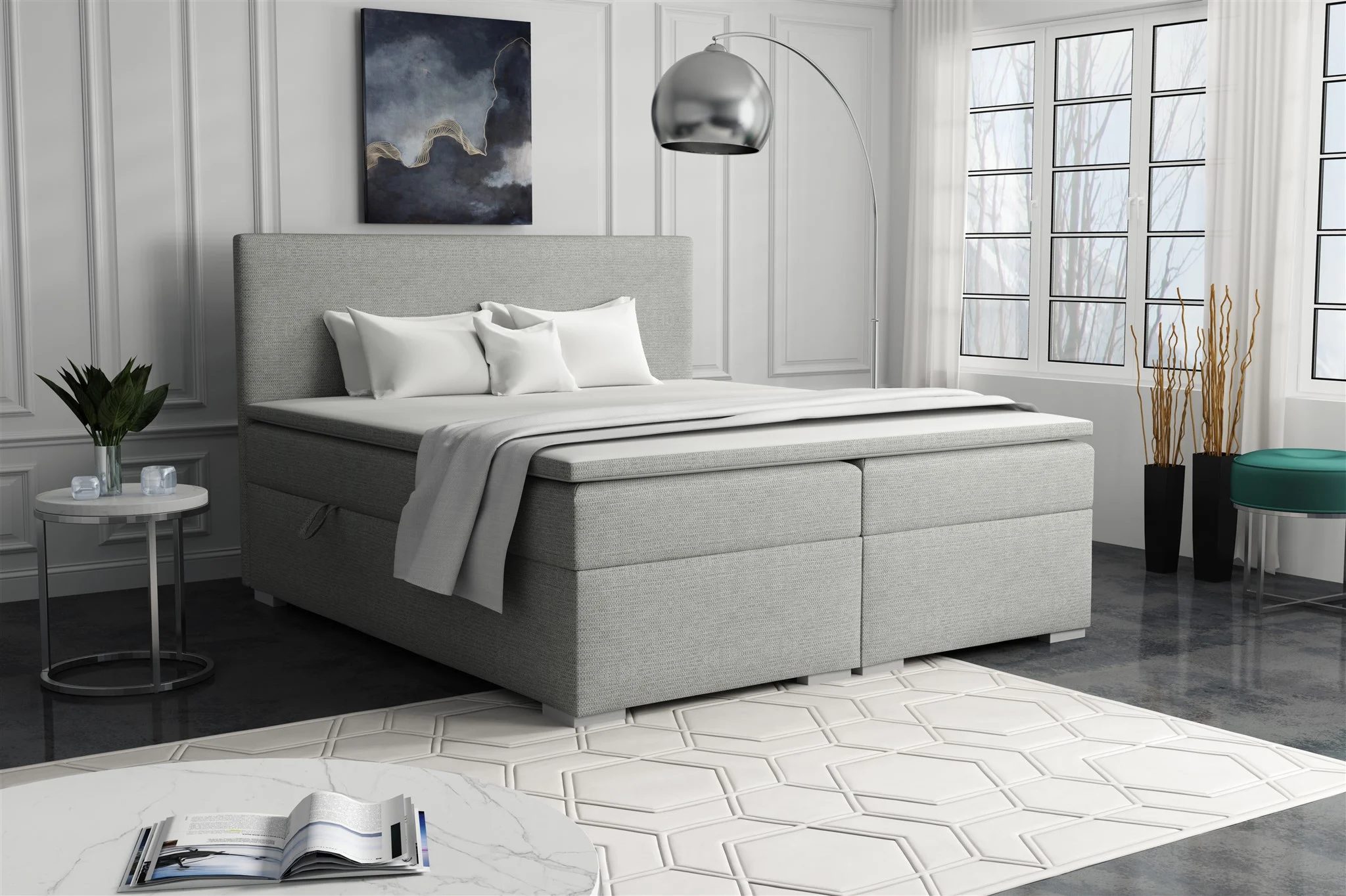 Boxspringbett Schlafzimmerbett SOREL 140x200cm Stoff Aragon Hellgrau - Fun Möbel