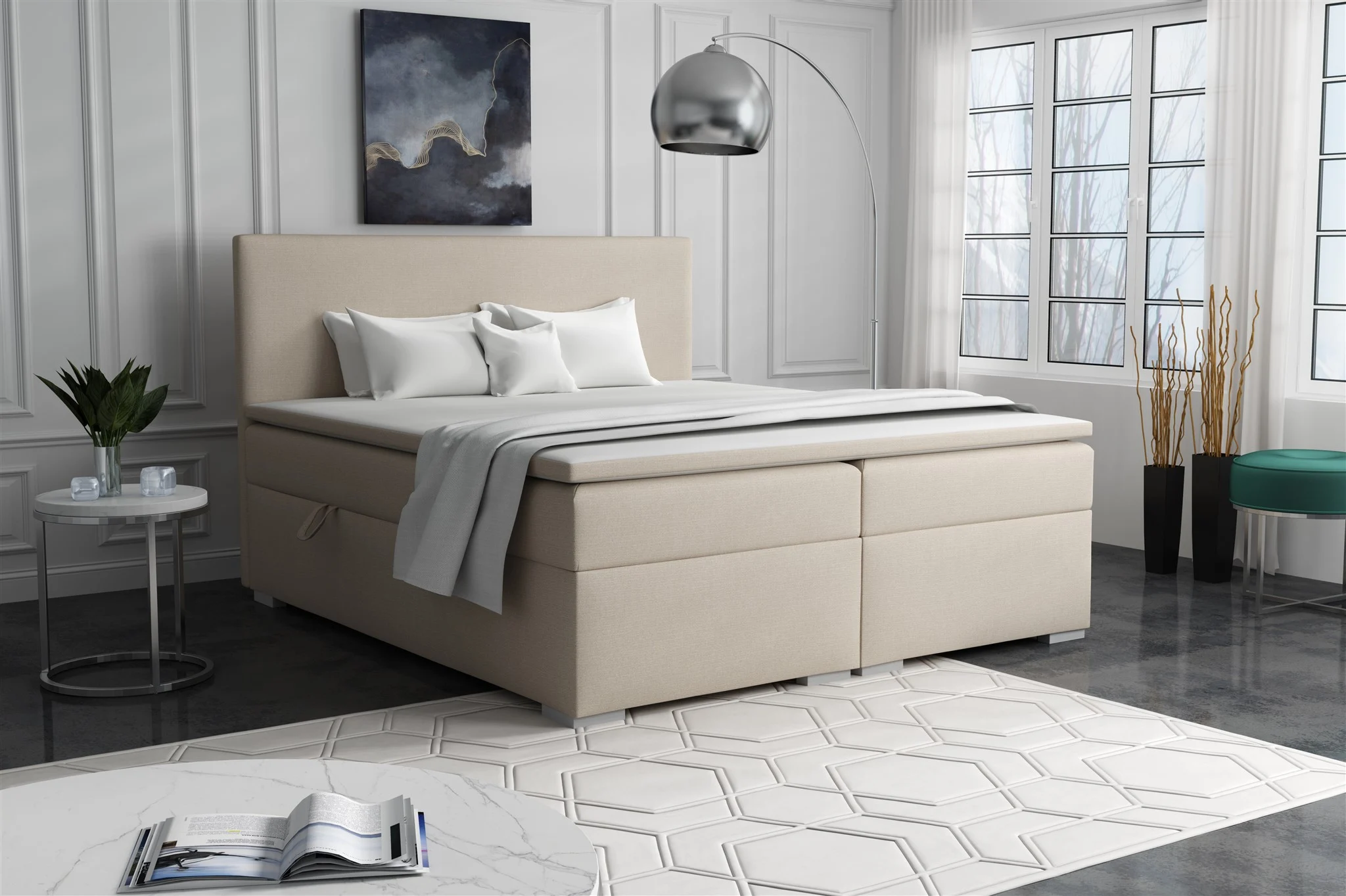 Boxspringbett Schlafzimmerbett SOREL 200x200cm Stoff Soro Creme - Fun Möbel