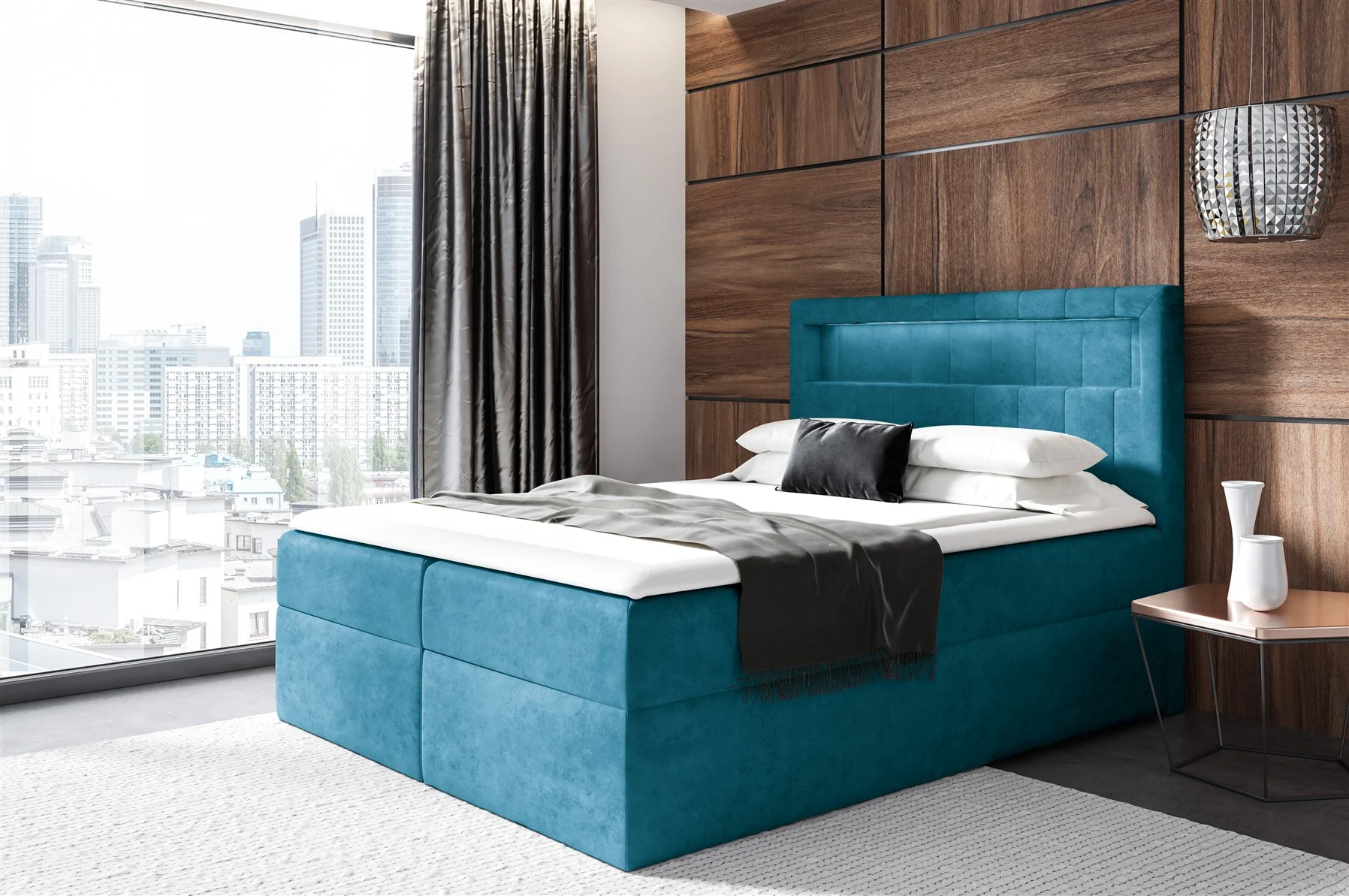 Boxspringbett Schlafzimmerbett STORM 160x200cm Stoff Kronos Türkis inkl. LED - Fun Moebel