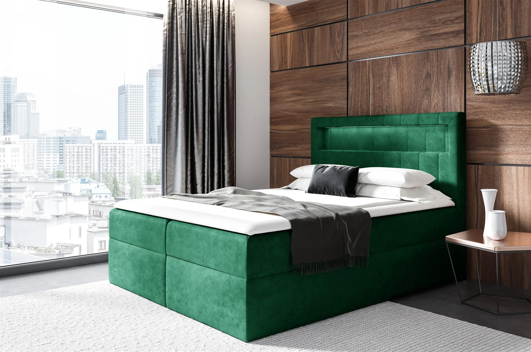 Boxspringbett Schlafzimmerbett STORM 120x200cm Stoff Kronos Grün inkl. LED - Fun Moebel
