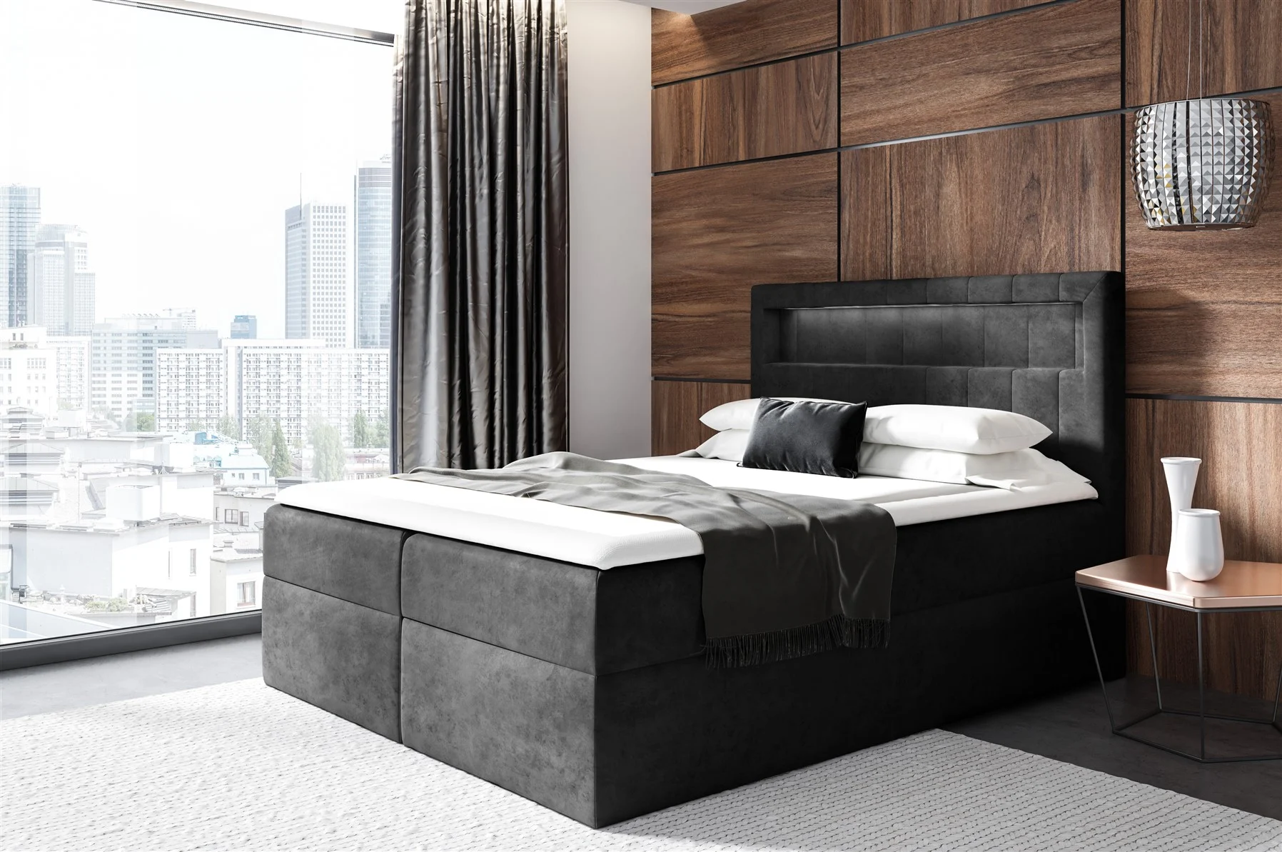 Boxspringbett Schlafzimmerbett STORM 140x200cm Stoff Kronos Schwarz inkl. LED - Fun Moebel