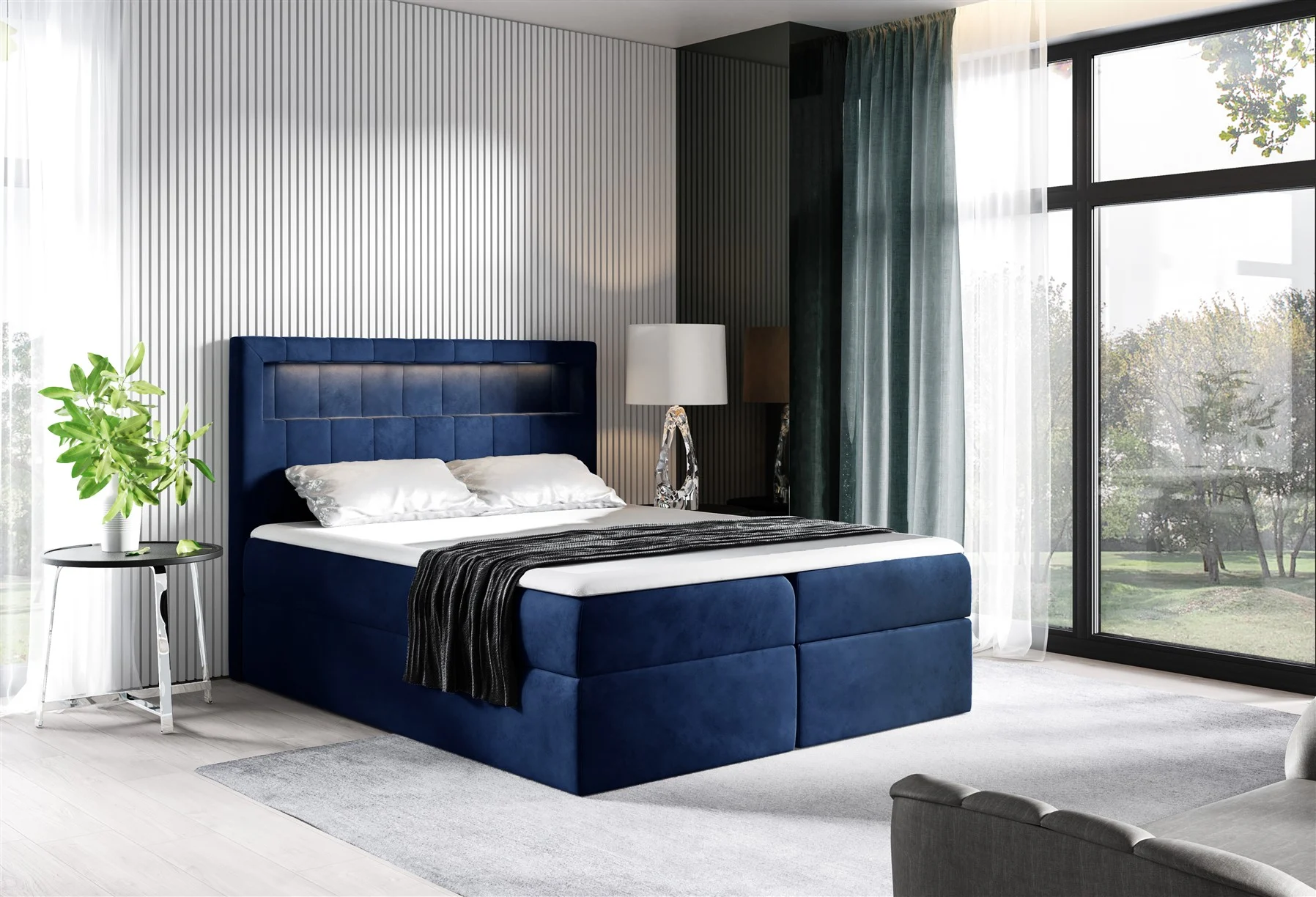 Boxspringbett Schlafzimmerbett STORM 120x200cm Stoff Riviera Blau inkl. LED - Fun Moebel