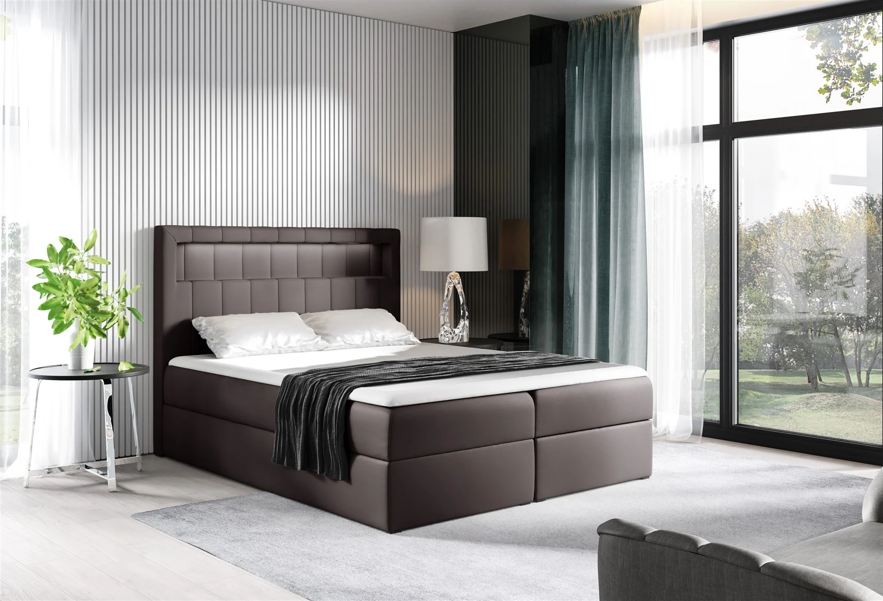 Boxspringbett Schlafzimmerbett STORM 120x200cm Kunstleder Schokoladenbraun inkl. LED - Fun Moebel