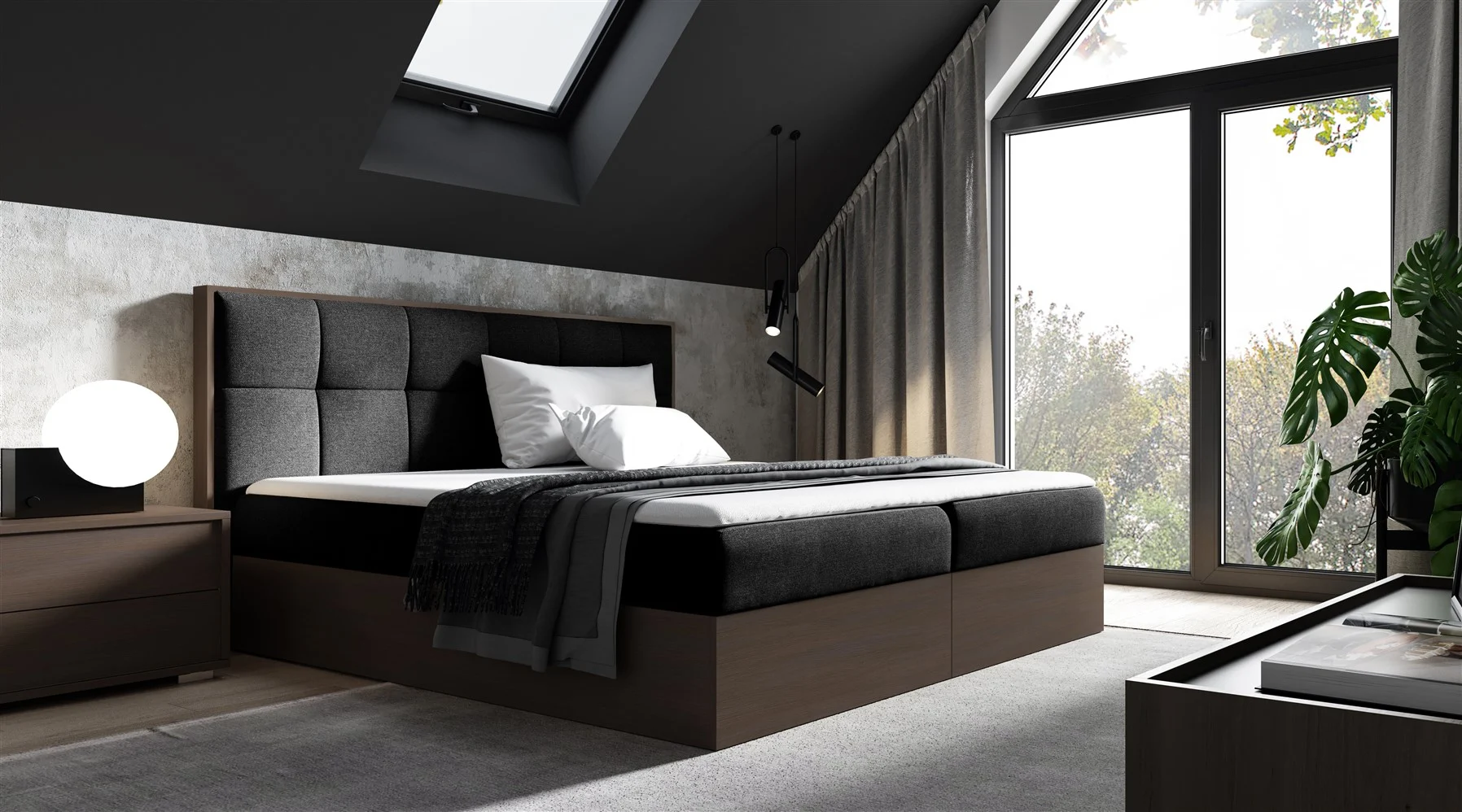 Boxspringbett Bett THANOS 120x200cm Dunkel Eiche Stoff Schwarz inkl. Bettkasten - Fun Moebel