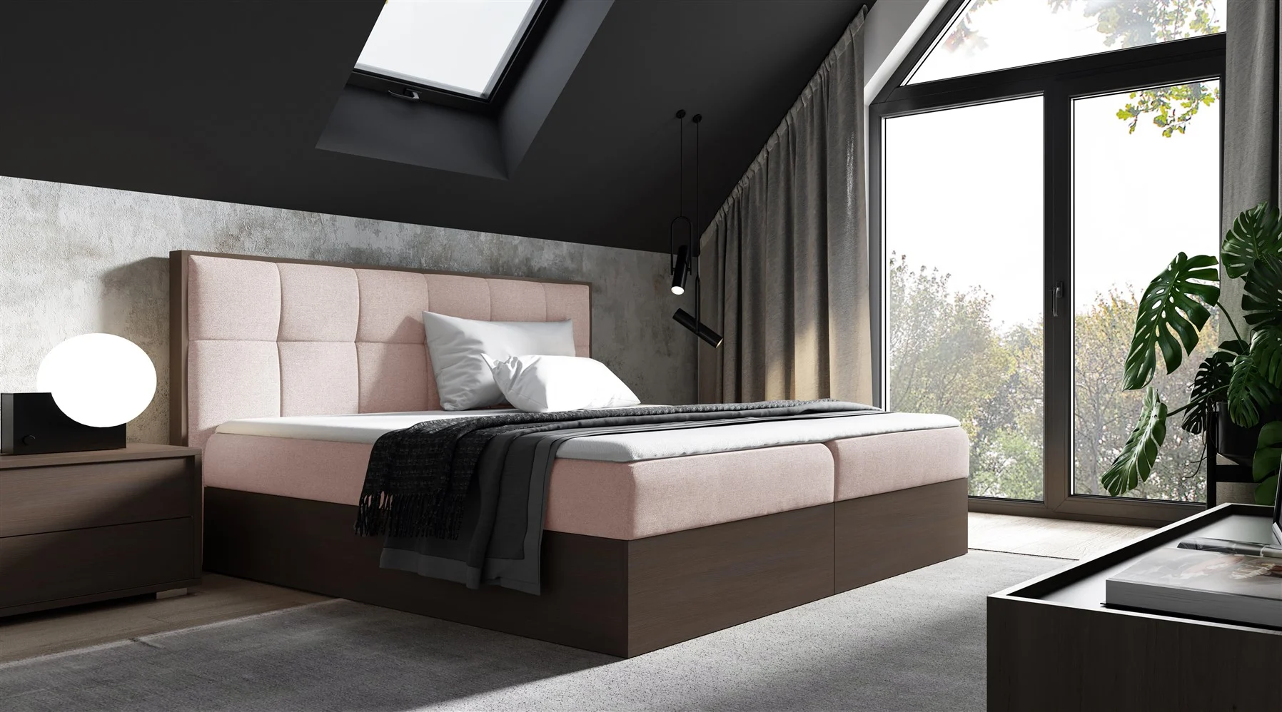 Boxspringbett Bett THANOS 120x200cm Dunkel Eiche Stoff Altrosa inkl. Bettkasten - Fun Moebel