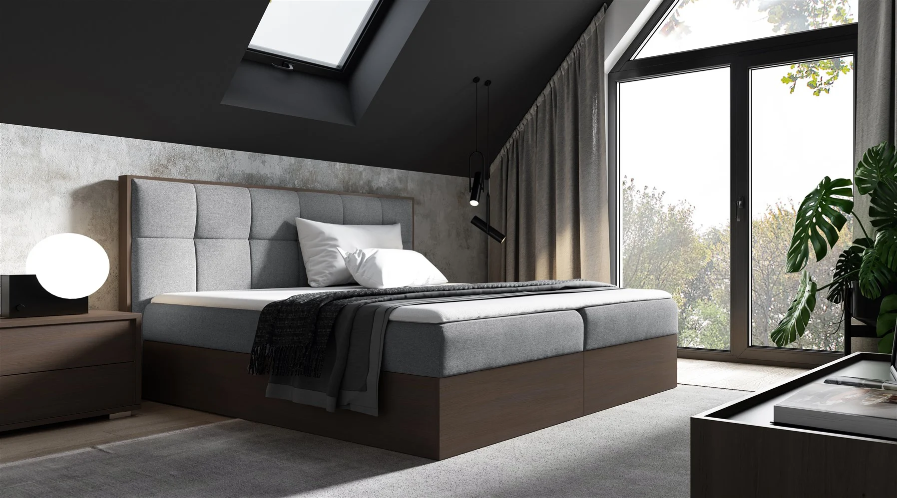 Boxspringbett Bett THANOS 120x200cm Dunkel Eiche Stoff Grau inkl. Bettkasten - Fun Moebel
