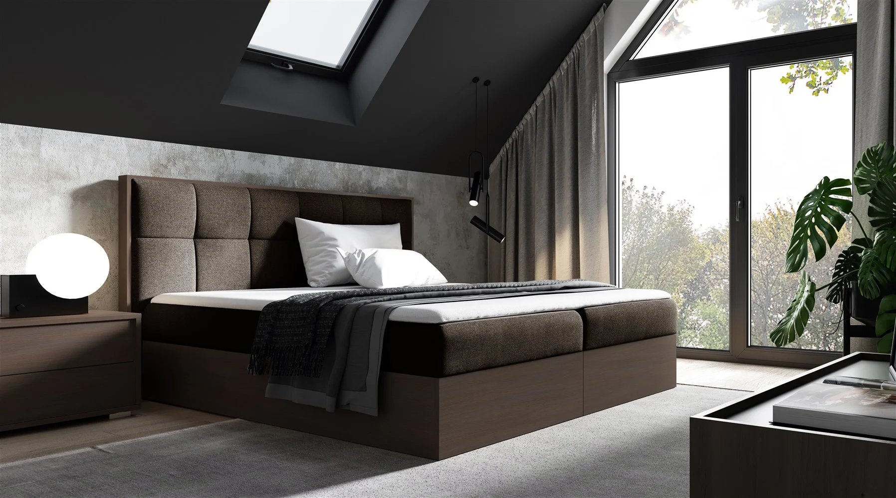 Boxspringbett Bett THANOS 120x200cm Dunkel Eiche Stoff Braun inkl. Bettkasten - Fun Moebel