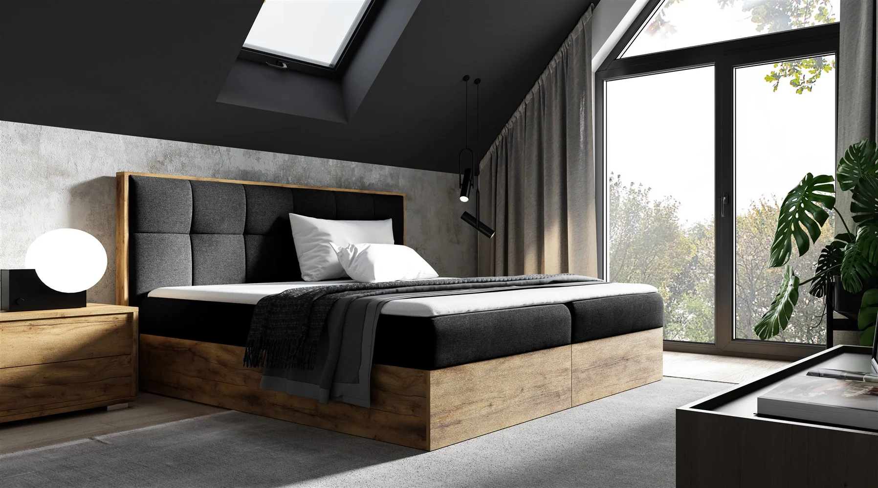 Boxspringbett Bett THANOS 140x200cm Lancelot Eiche Stoff Schwarz inkl Bettkasten - Fun Moebel