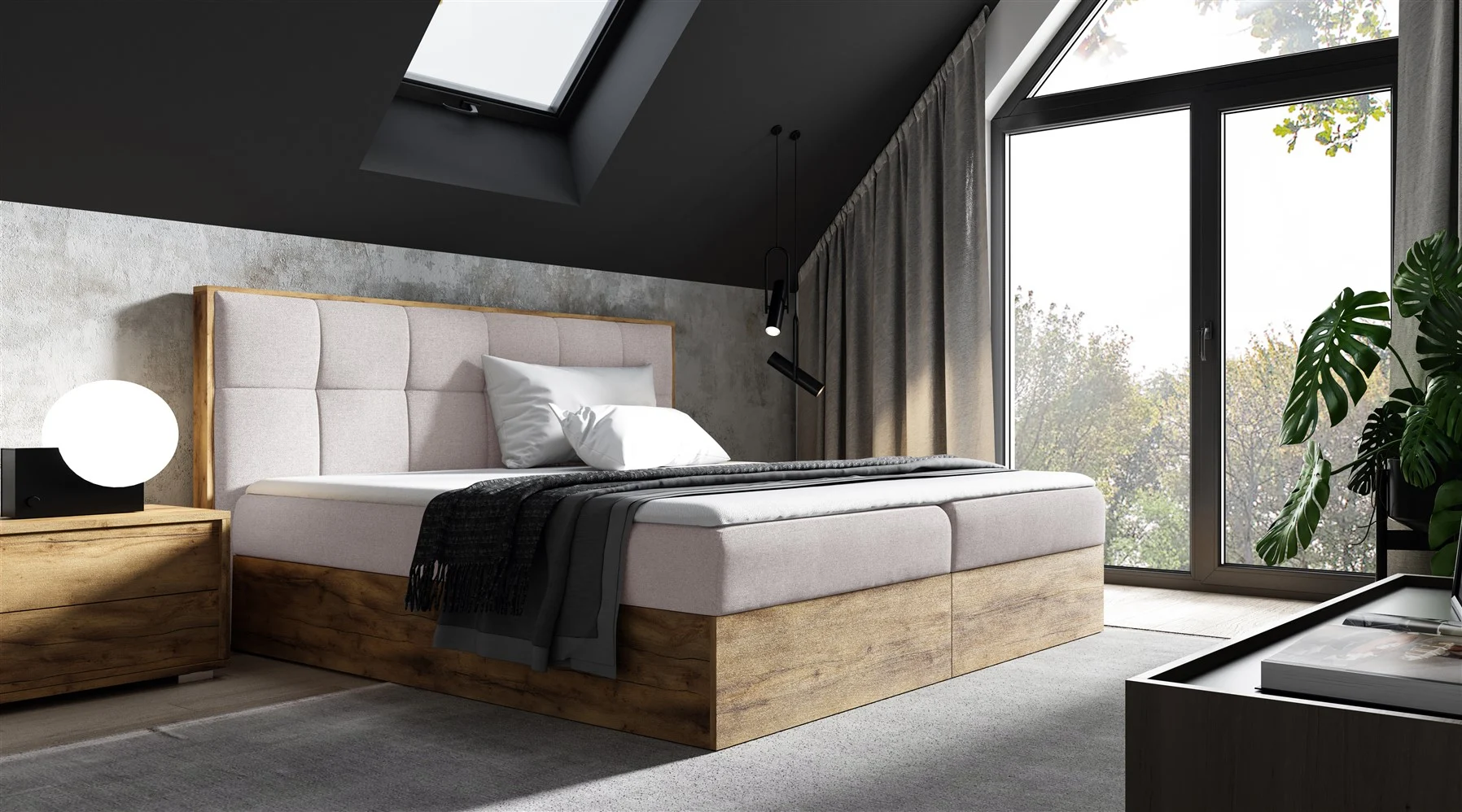 Boxspringbett Bett THANOS 140x200cm Lancelot Eiche Stoff Hellbeige Bettkasten - Fun Moebel
