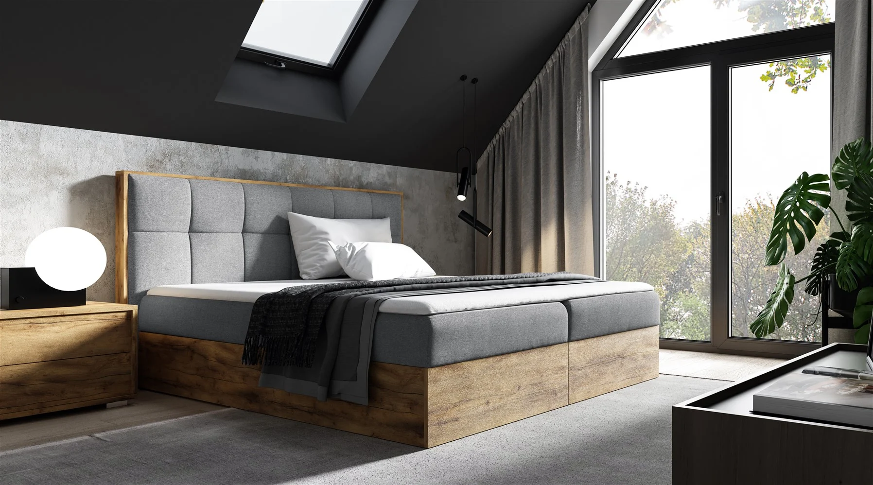 Boxspringbett Bett THANOS 140x200cm Lancelot Eiche Stoff Grau inkl. Bettkasten - Fun Moebel