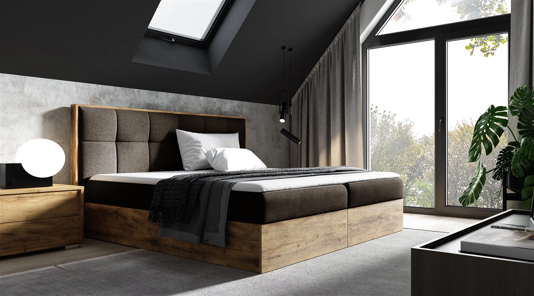 Boxspringbett Bett THANOS 120x200cm Lancelot Eiche Stoff Braun inkl. Bettkasten - Fun Moebel