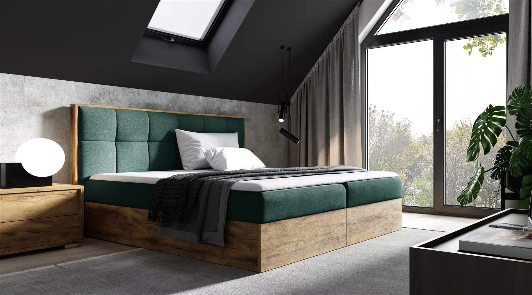 Boxspringbett Bett THANOS 180x200cm Lancelot Eiche Stoff Grün inkl. Bettkasten - Fun Moebel