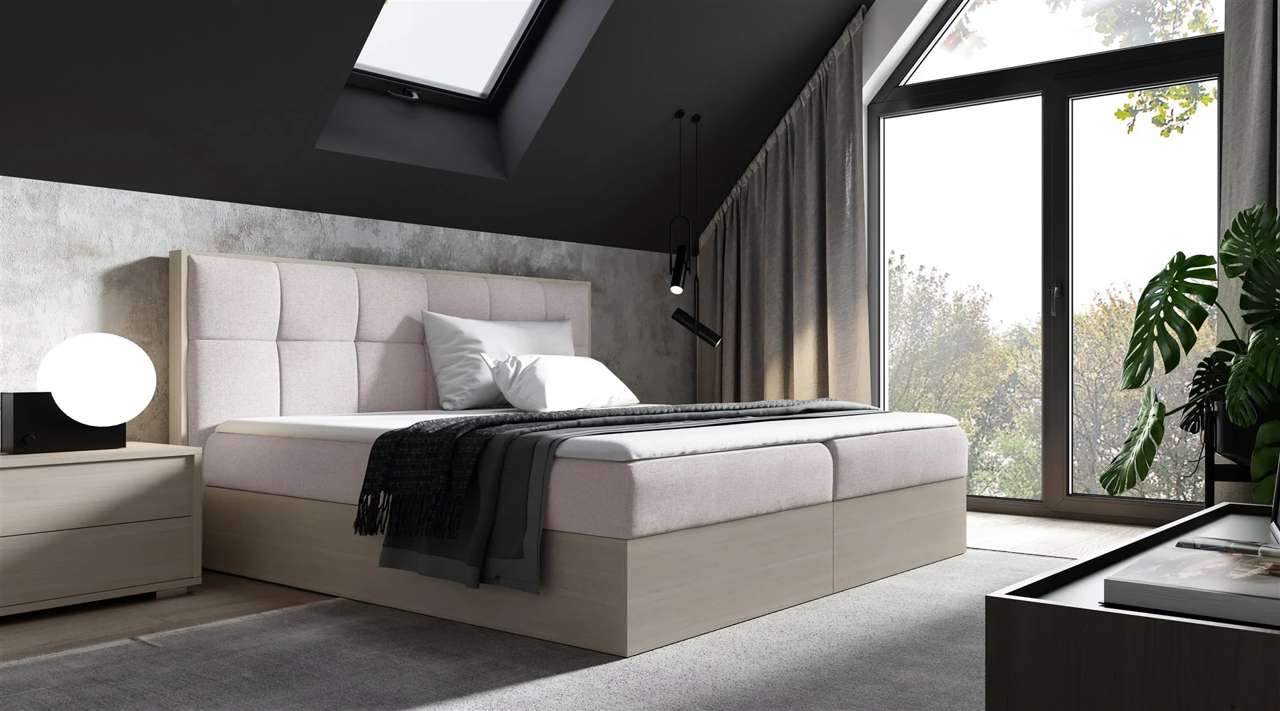 Boxspringbett Bett THANOS 120x200cm Nordic Teak Stoff Hellbeige inkl. Bettkasten - Fun Moebel