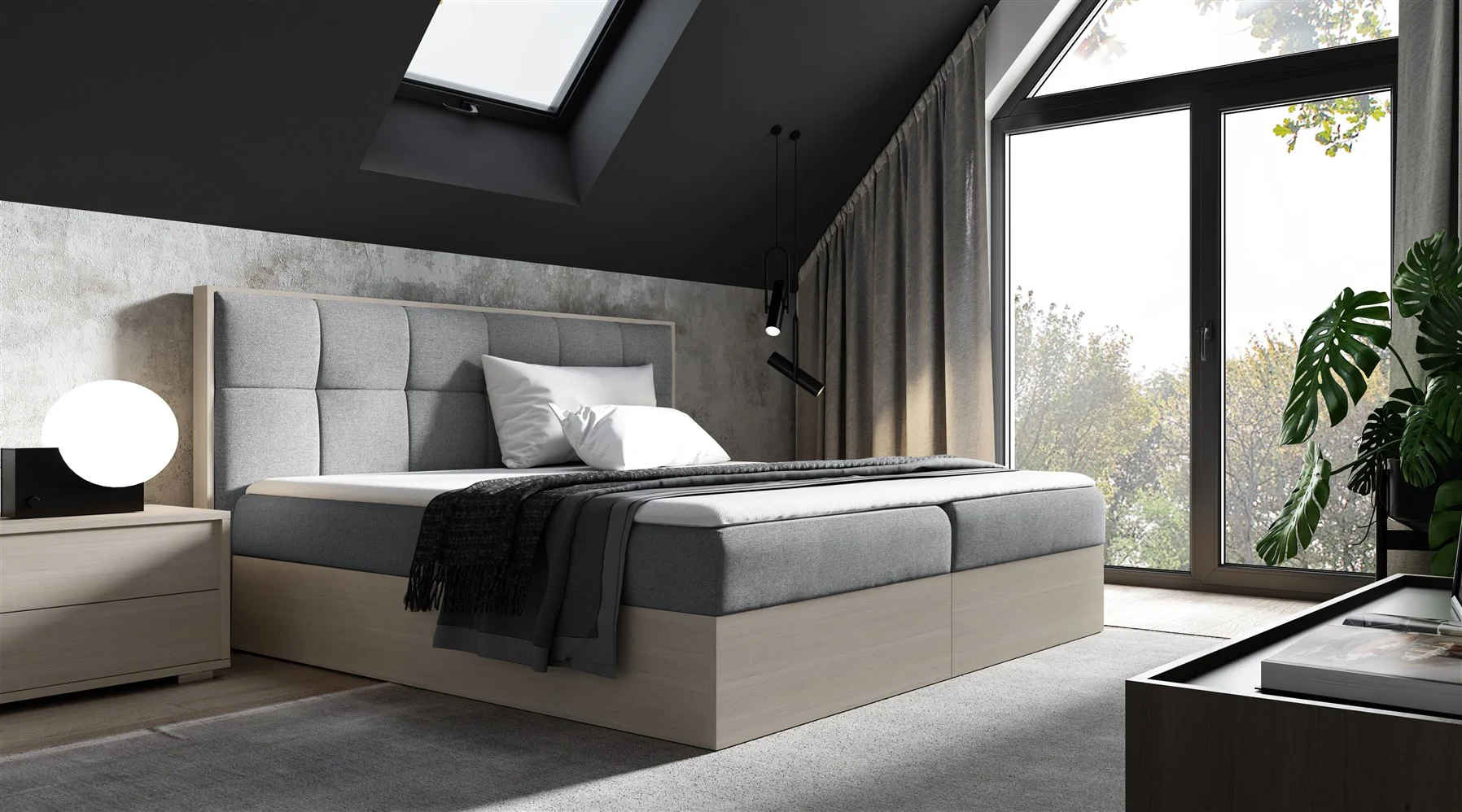 Boxspringbett Bett THANOS 120x200cm Nordic Teak Stoff Grau inkl. Bettkasten - Fun Moebel