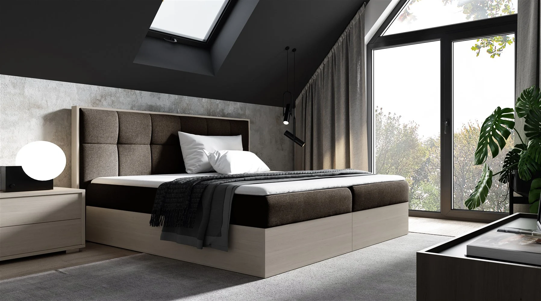 Boxspringbett Bett THANOS 120x200cm Nordic Teak Stoff Braun inkl. Bettkasten - Fun Moebel