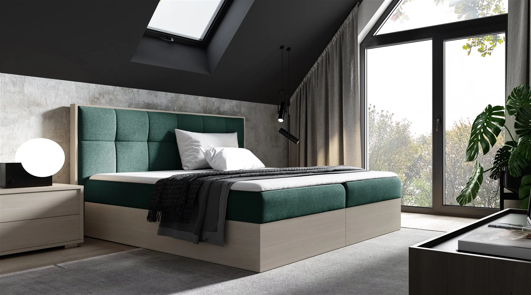 Boxspringbett Bett THANOS 160x200cm Nordic Teak Stoff Grün inkl. Bettkasten - Fun Moebel