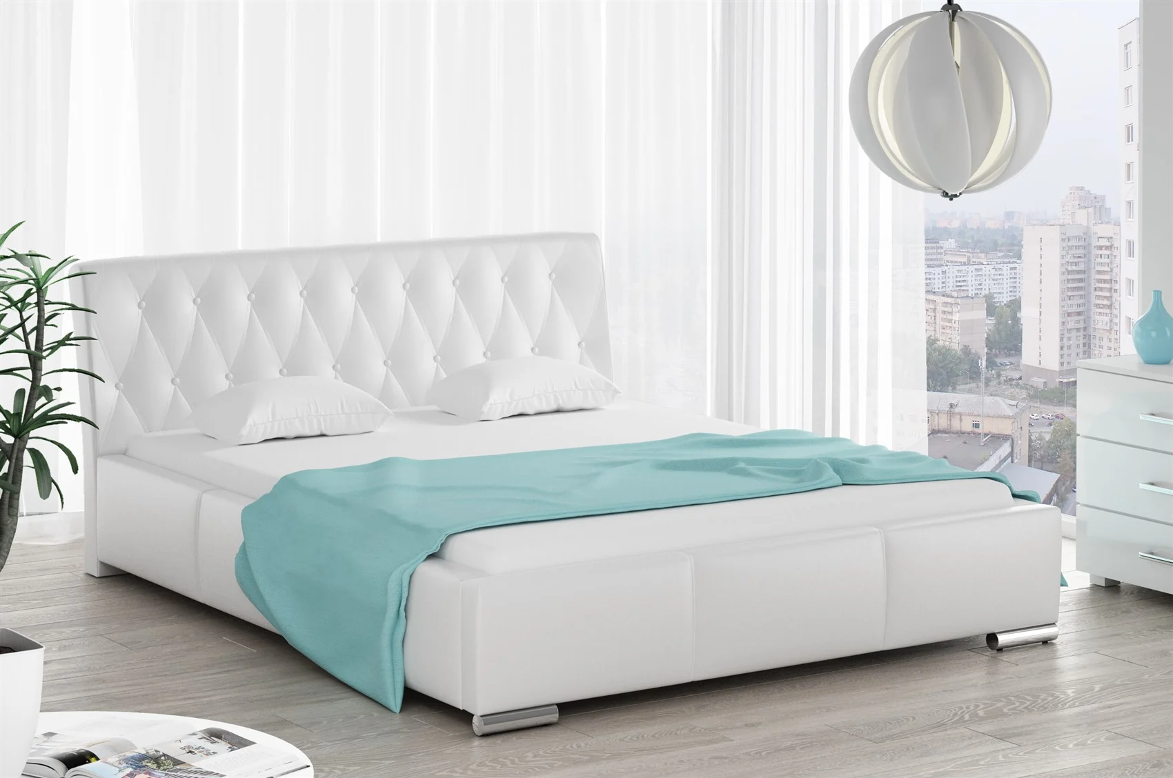 Polsterbett Bett Doppelbett THORE Kunstleder Weiss 140x200cm - Fun Möbel