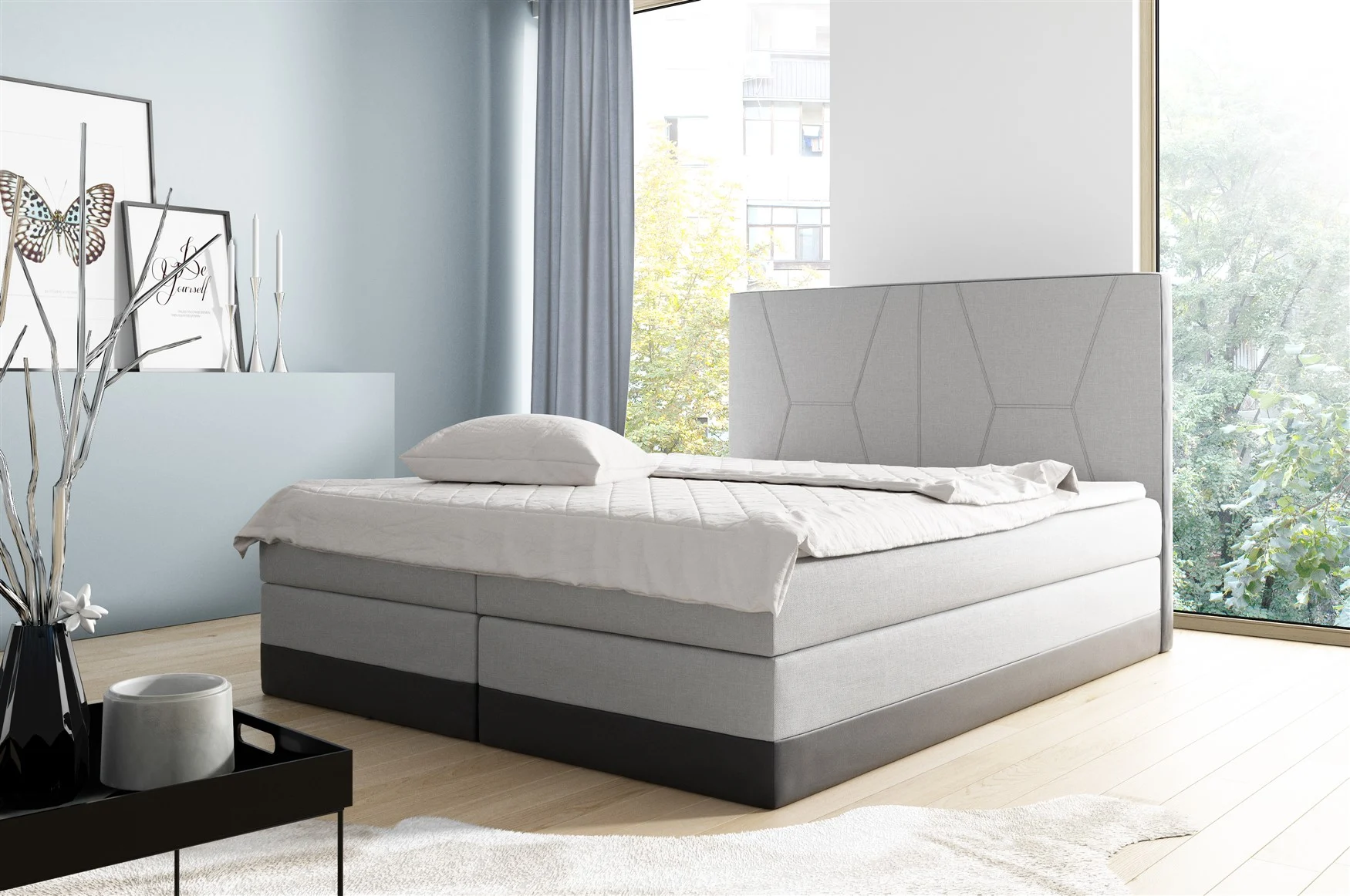 Boxspringbett Schlafzimmerbett VELARO 160x200cm Hellgrau-Schwarz