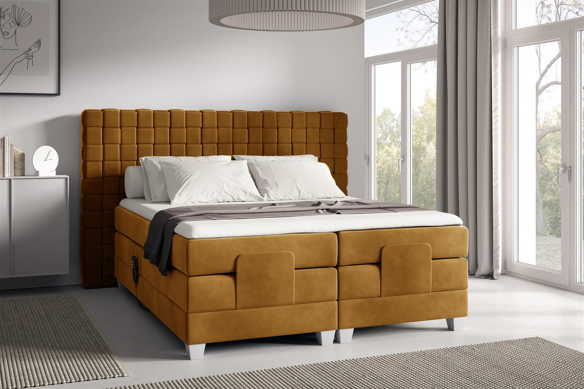Boxspringbett Elektrisch Bett VIDAL 160x200cm in Stoff Fresh Senfgelb - Fun Möbel