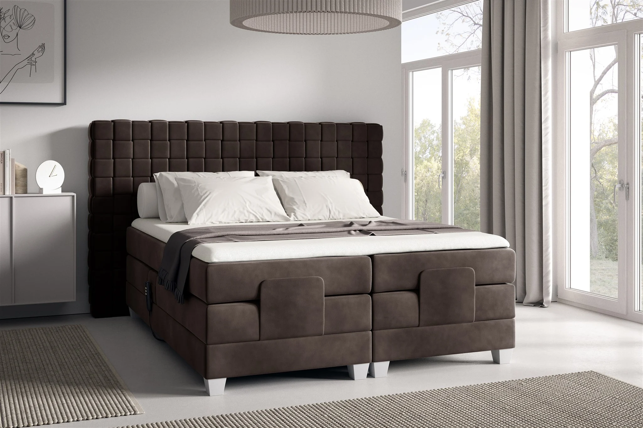 Boxspringbett Elektrisch Bett VIDAL 140x200cm in Stoff Fresh Dunkelbraun - Fun Möbel