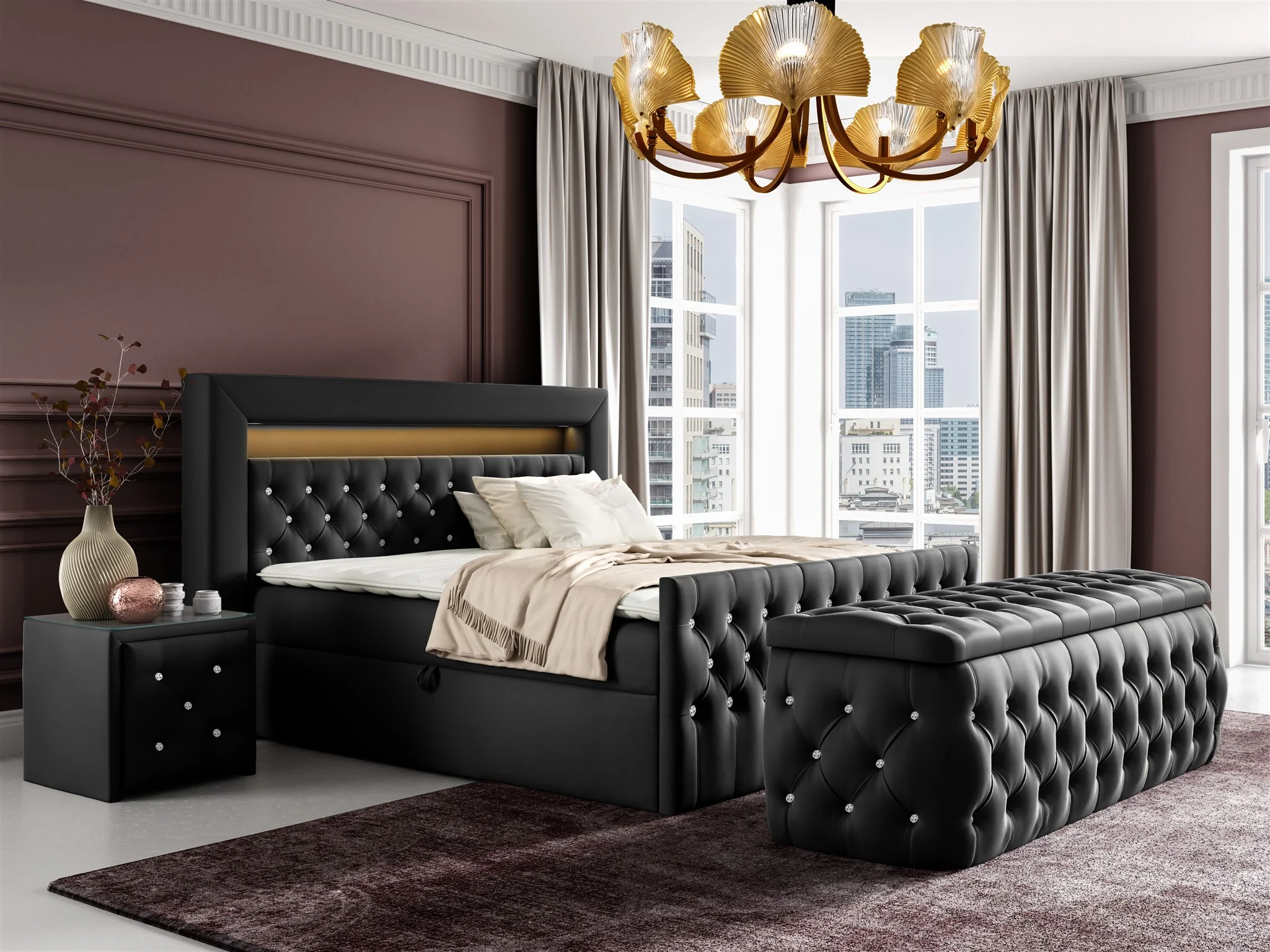 Boxspringbett Schlafzimmerbett SEVRA Nr.3 140x200cm in Elisa Velvet Schwarz - Fun Möbel