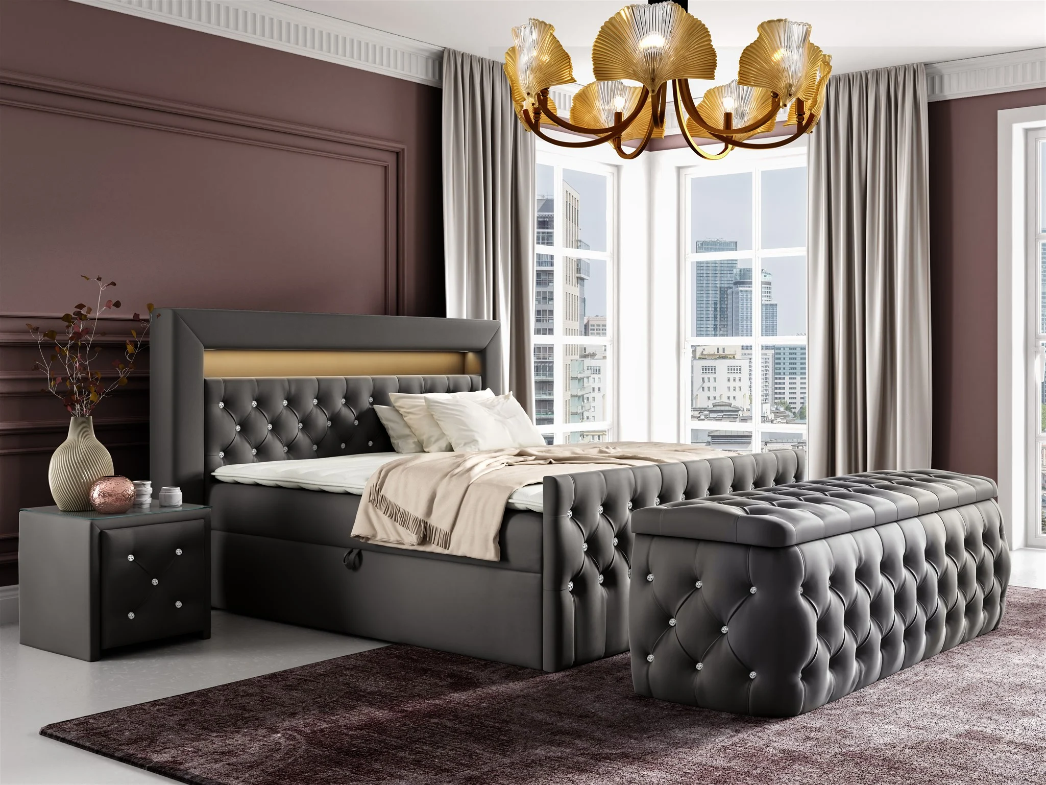 Boxspringbett Schlafzimmerbett SEVRA Nr.3 140x200cm in Elisa Velvet Anthrazit - Fun Möbel