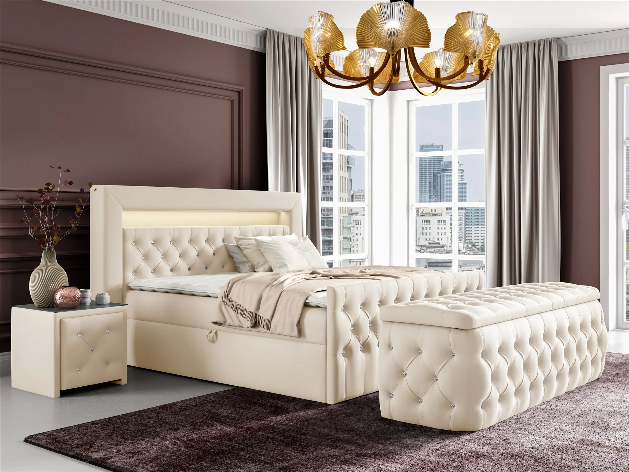 Boxspringbett Schlafzimmerbett SEVRA Nr.3 160x200cm in Elisa Velvet Cremeweiss - Fun Möbel