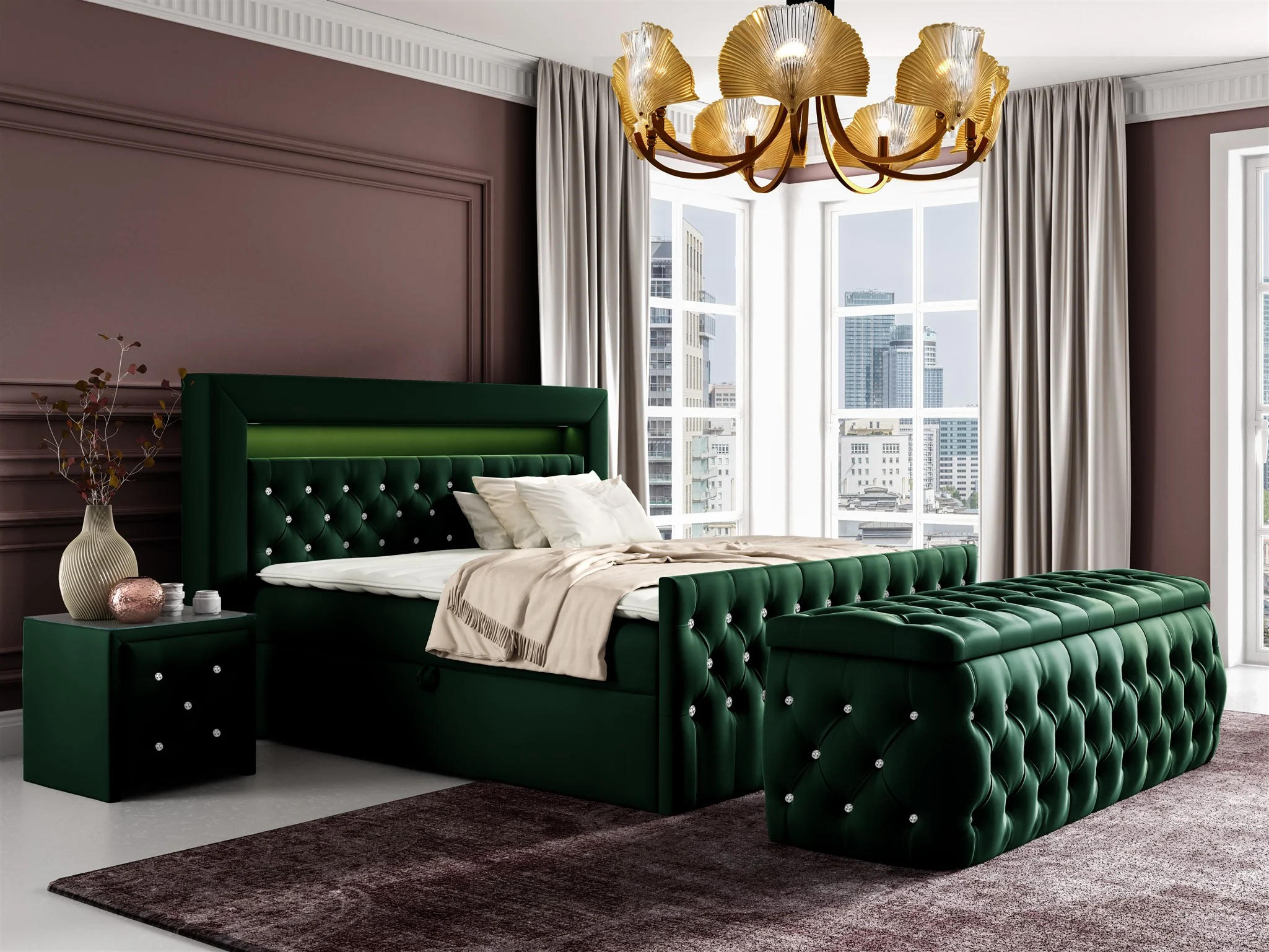 Boxspringbett Schlafzimmerbett SEVRA Nr.3 140x200cm in Elisa Velvet Dunkelgrün - Fun Möbel