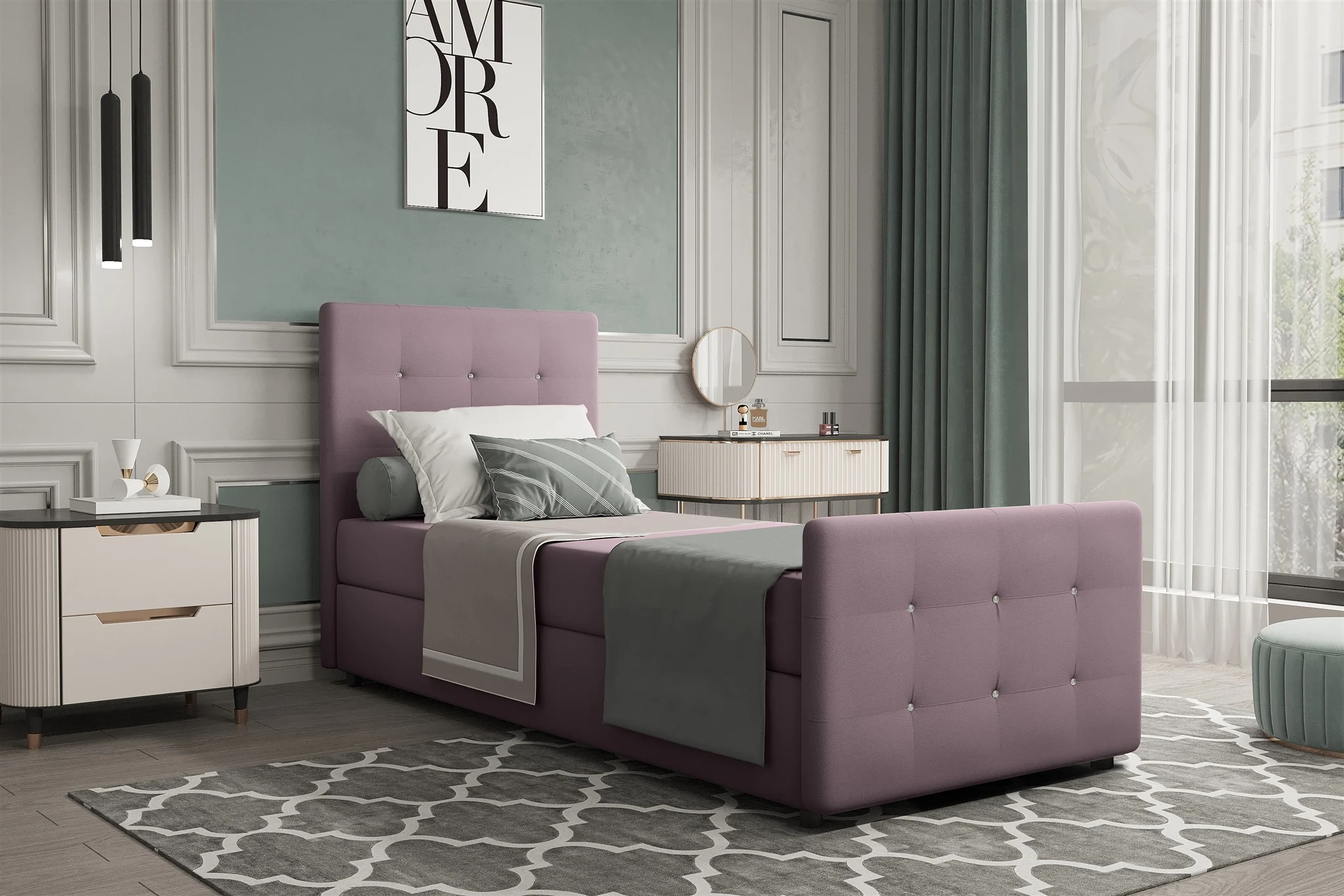 Boxspringbett Gästebett MARKOS 90x200cm Bettkasten Seite Links Stoff Violett - Fun Möbel