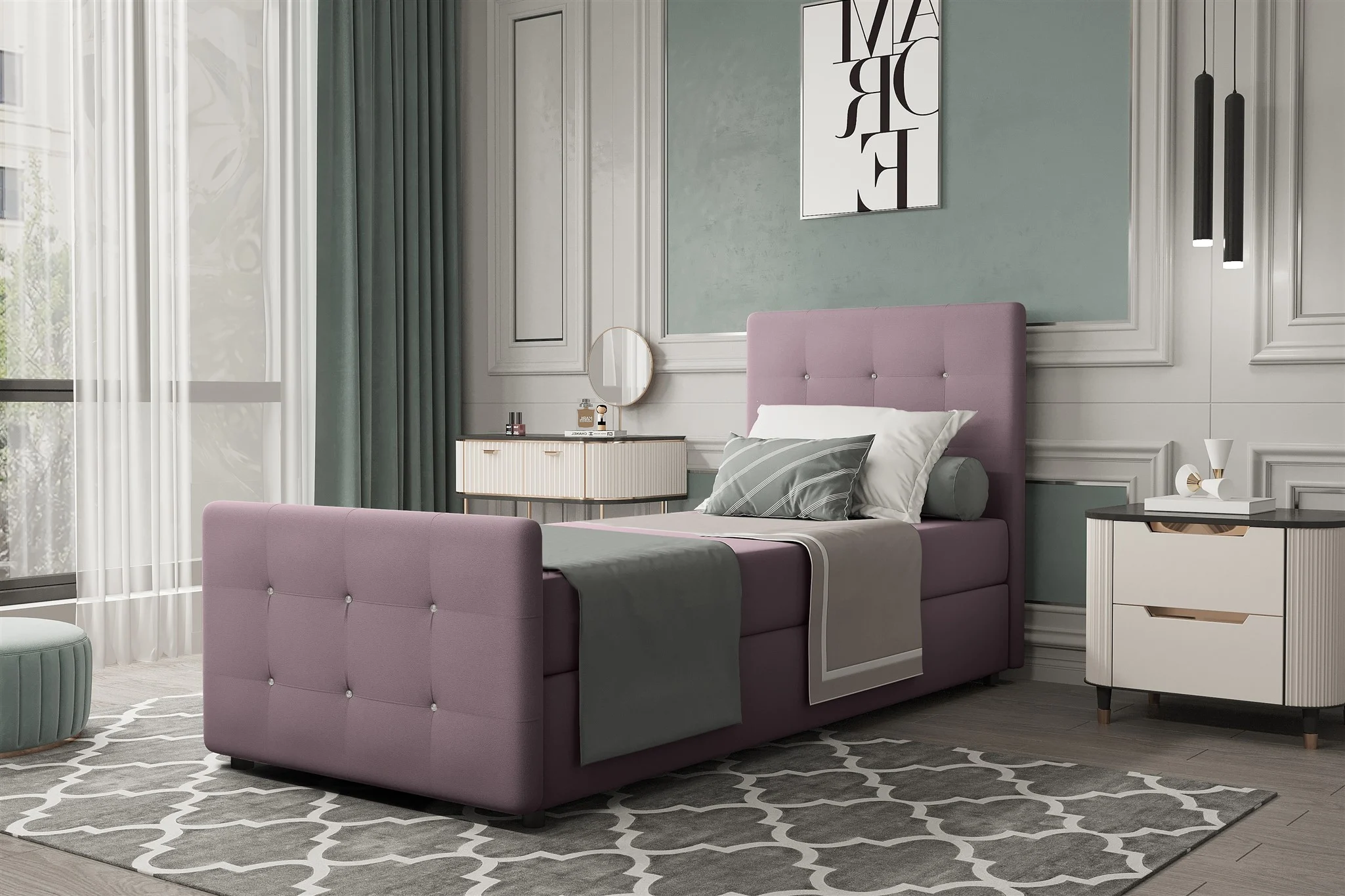 Boxspringbett Gästebett MARKOS 90x200cm Bettkasten Seite Rechts Stoff Violett - Fun Möbel