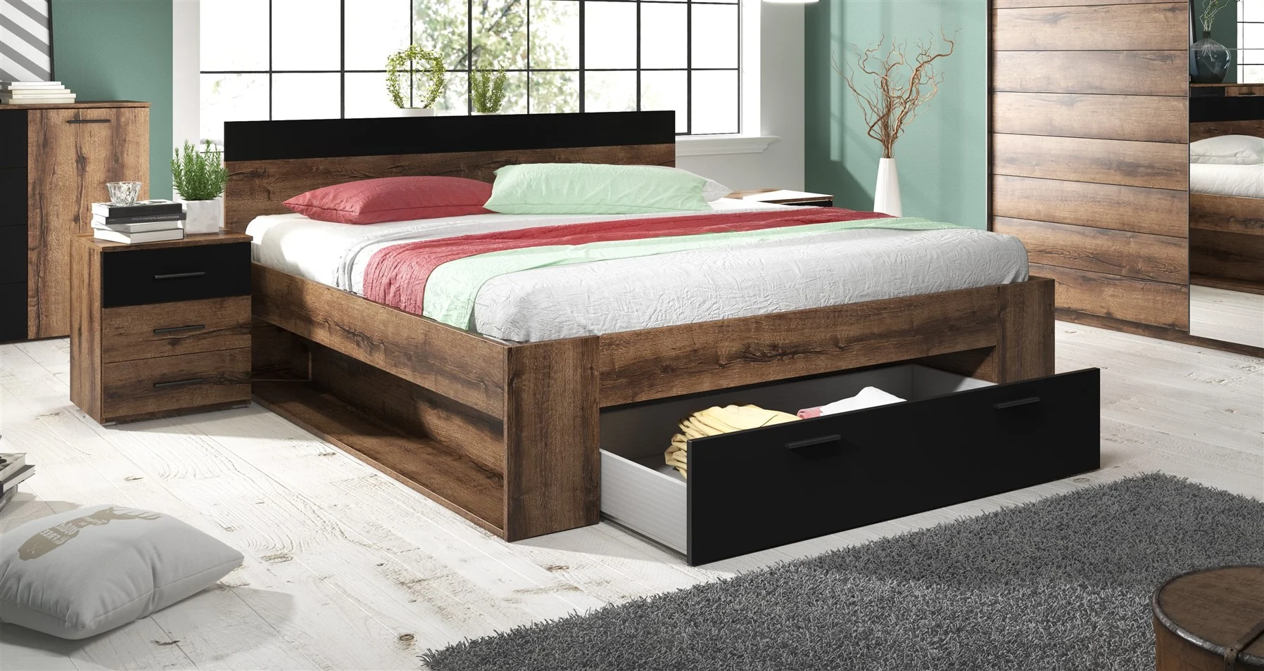 Schlafzimmerbett Bett ASKJA 180x200 cm Monastery Eiche inkl.2 x Nako - Fun Möbel