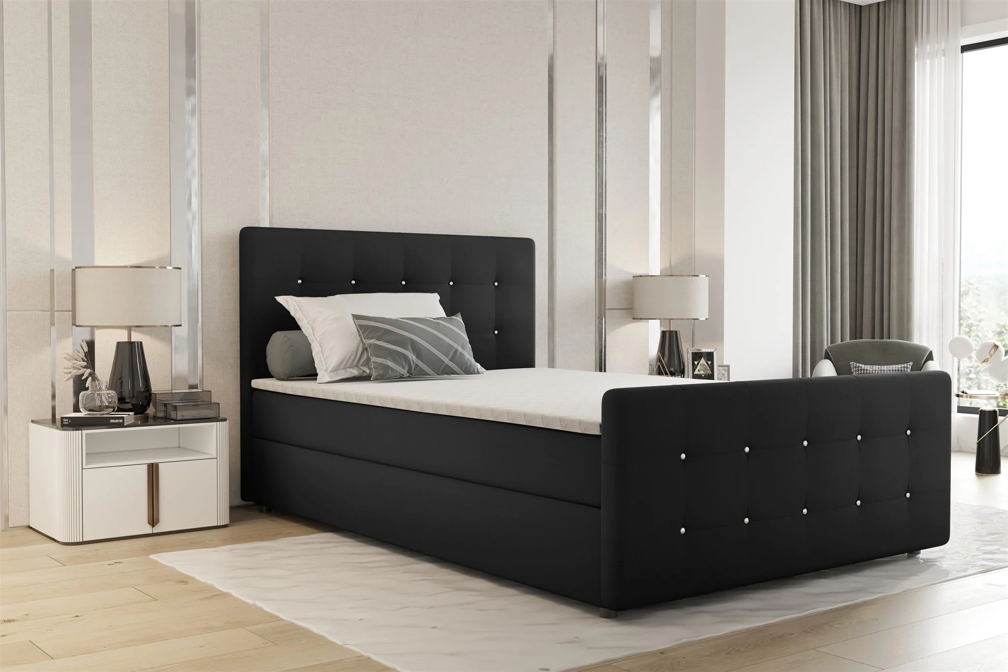 Boxspringbett Schlafzimmerbett MARKOS 140x200cm Stoff Soro Schwarz inkl. Topper - Fun Möbel
