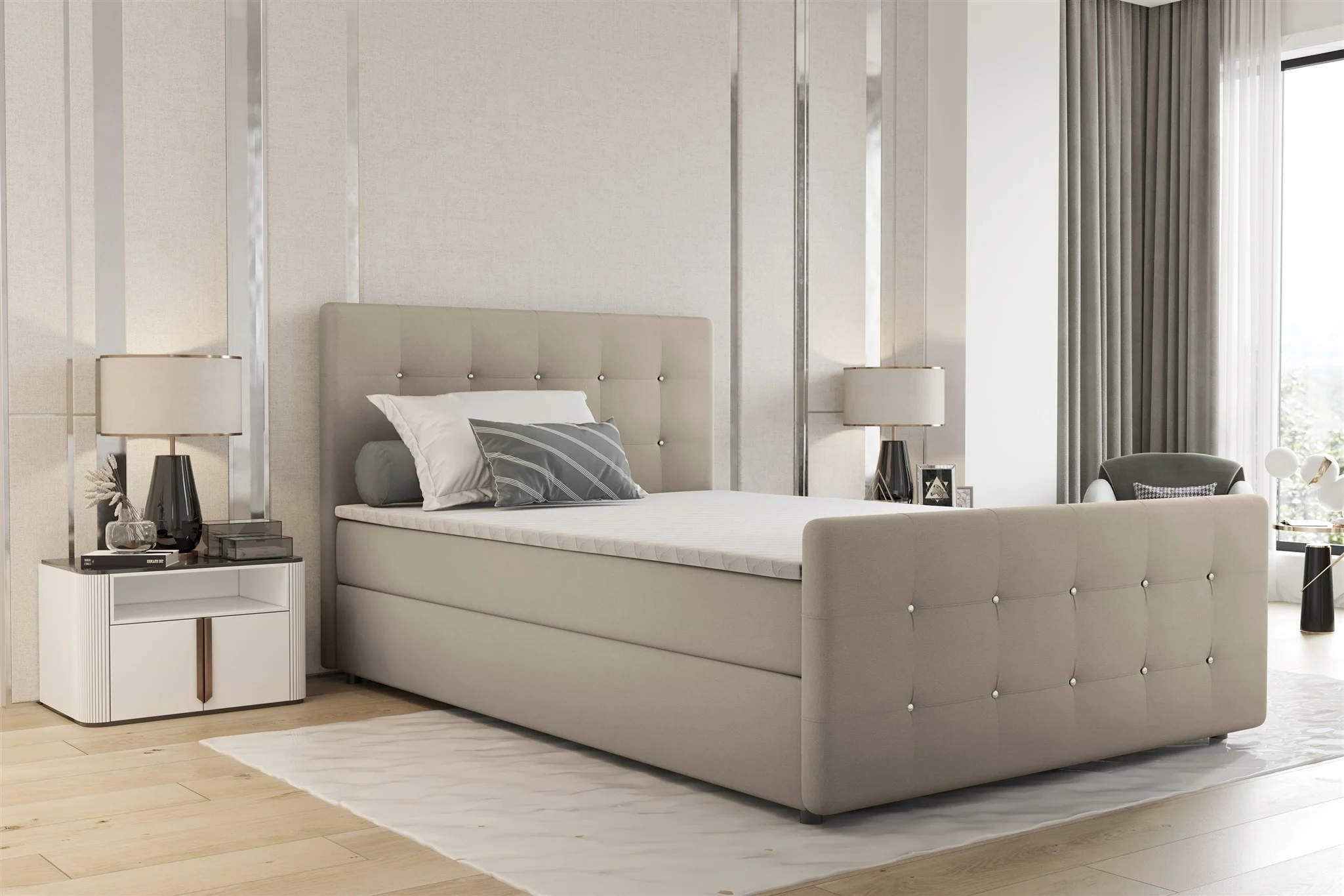 Boxspringbett Schlafzimmerbett MARKOS 120x200cm Stoff Soro Beige inkl. Topper - Fun Möbel