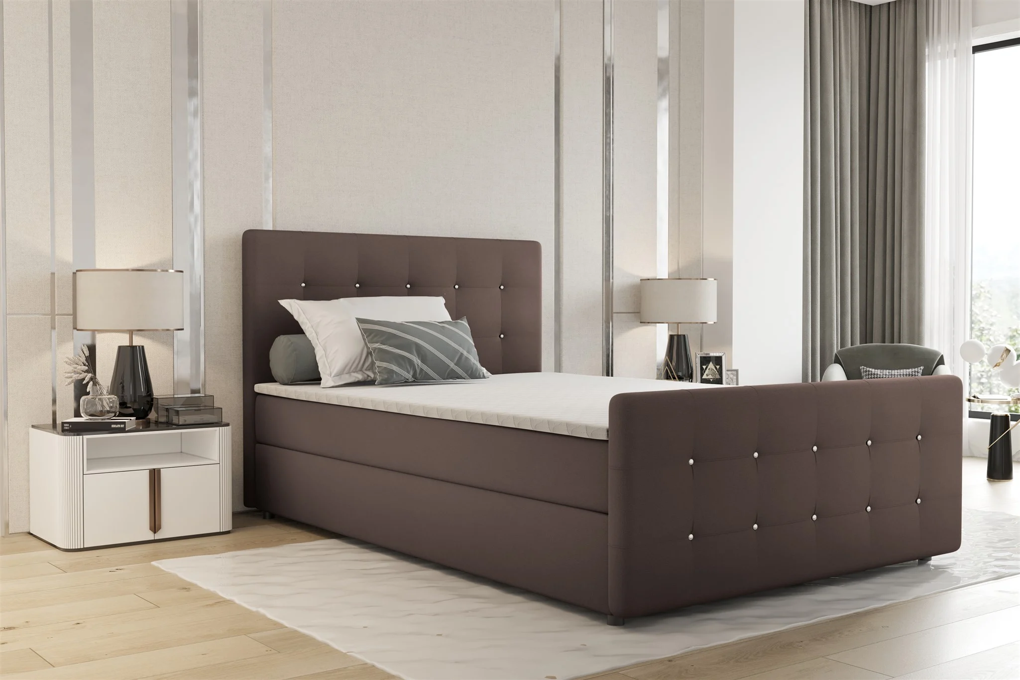 Boxspringbett Schlafzimmerbett MARKOS 180x200cm Stoff Soro Braun inkl. Topper - Fun Möbel