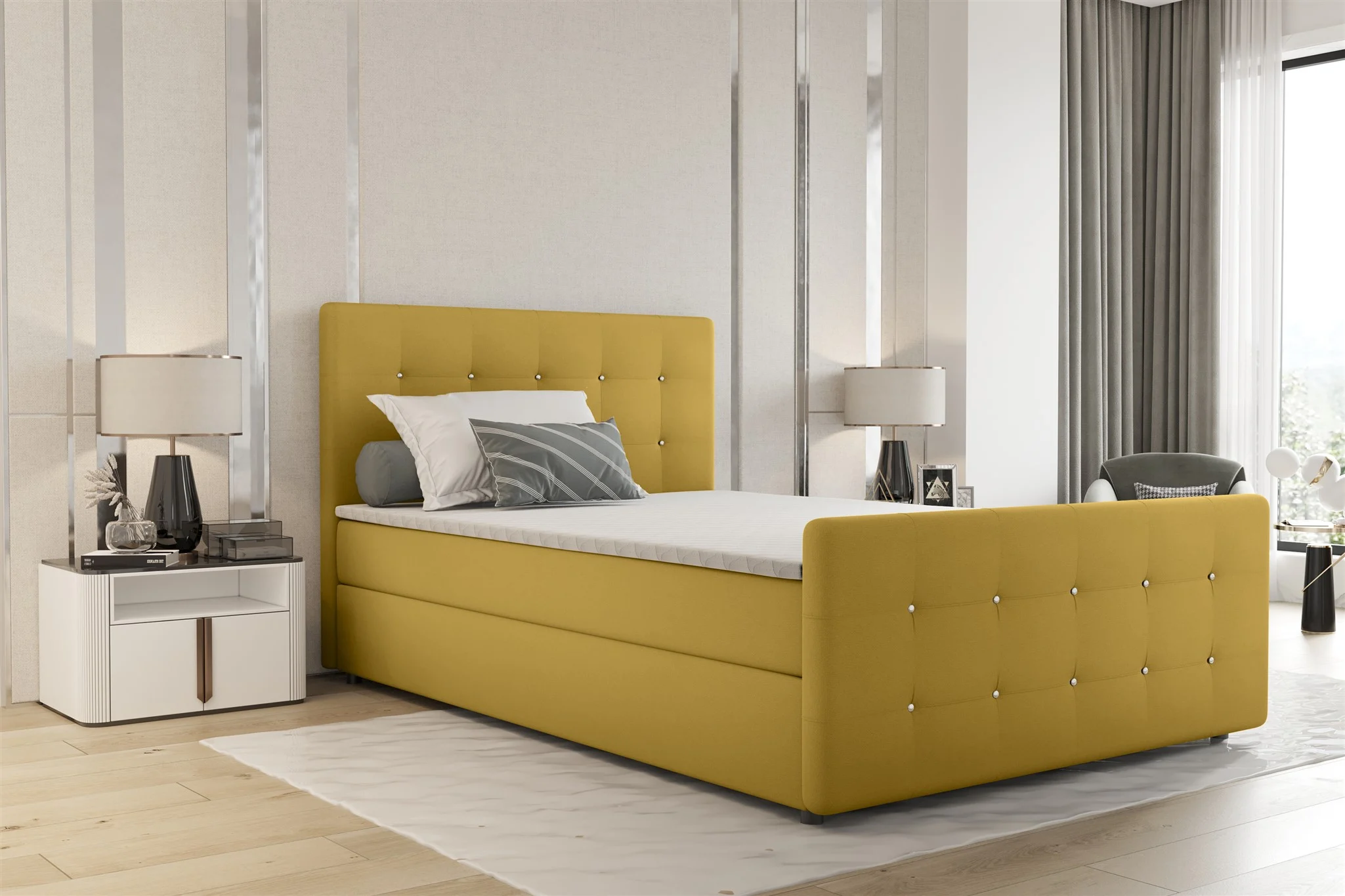 Boxspringbett Schlafzimmerbett MARKOS 120x200cm Stoff Soro Gelb inkl. Topper - Fun Möbel