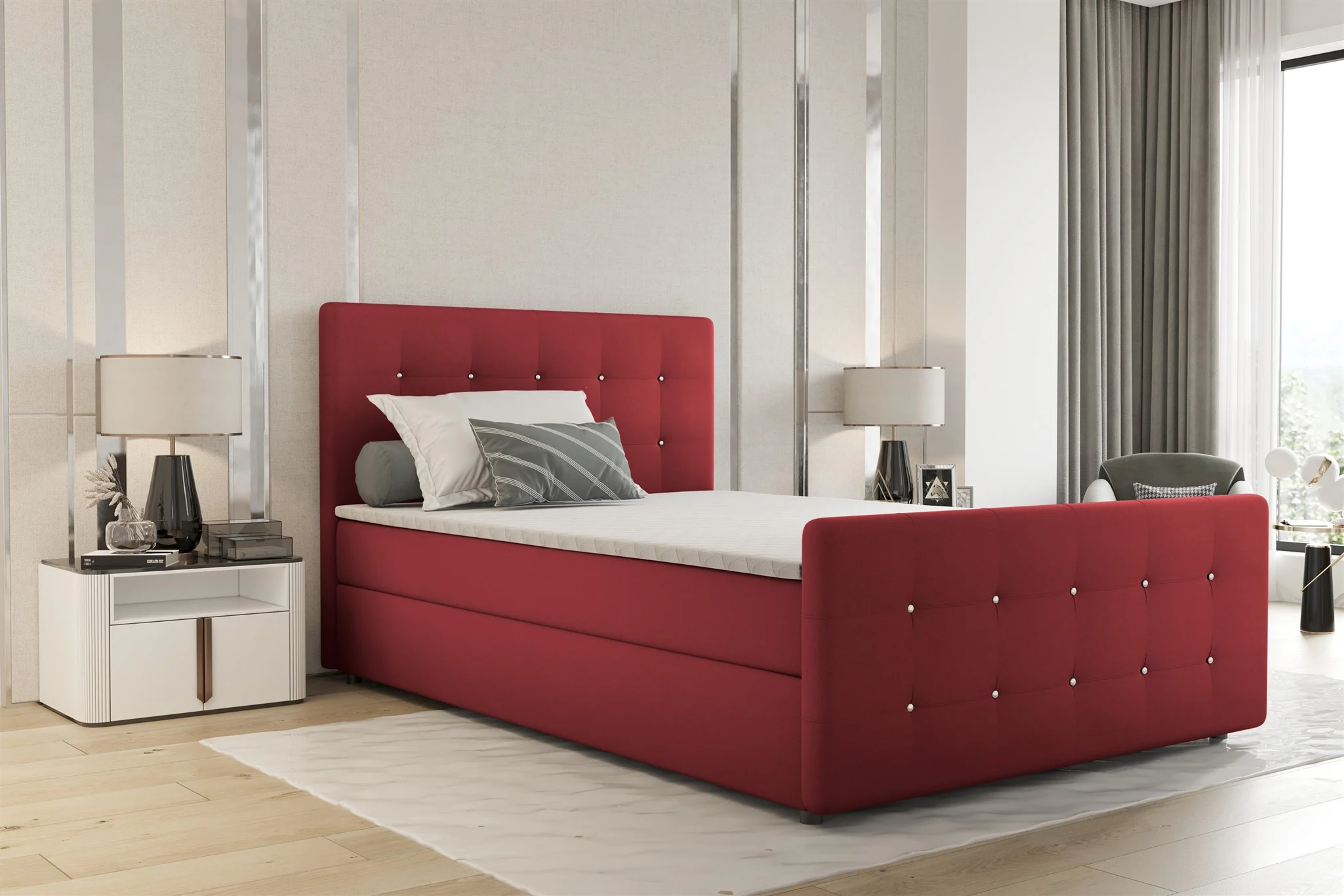 Boxspringbett Schlafzimmerbett MARKOS 140x200cm Stoff Soro Rot inkl. Topper - Fun Möbel