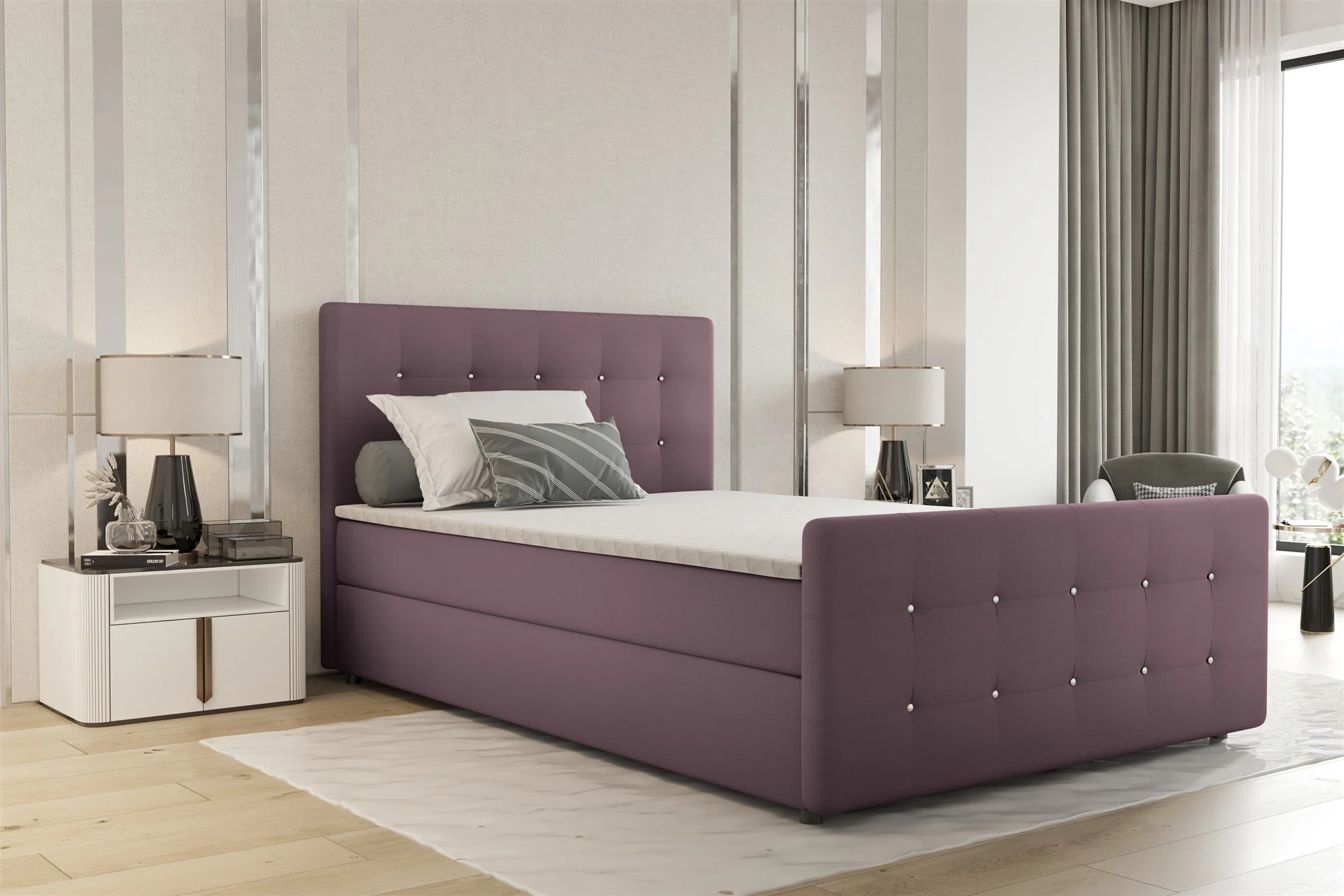 Boxspringbett Schlafzimmerbett MARKOS 120x200cm Stoff Soro Violett inkl. Topper - Fun Möbel