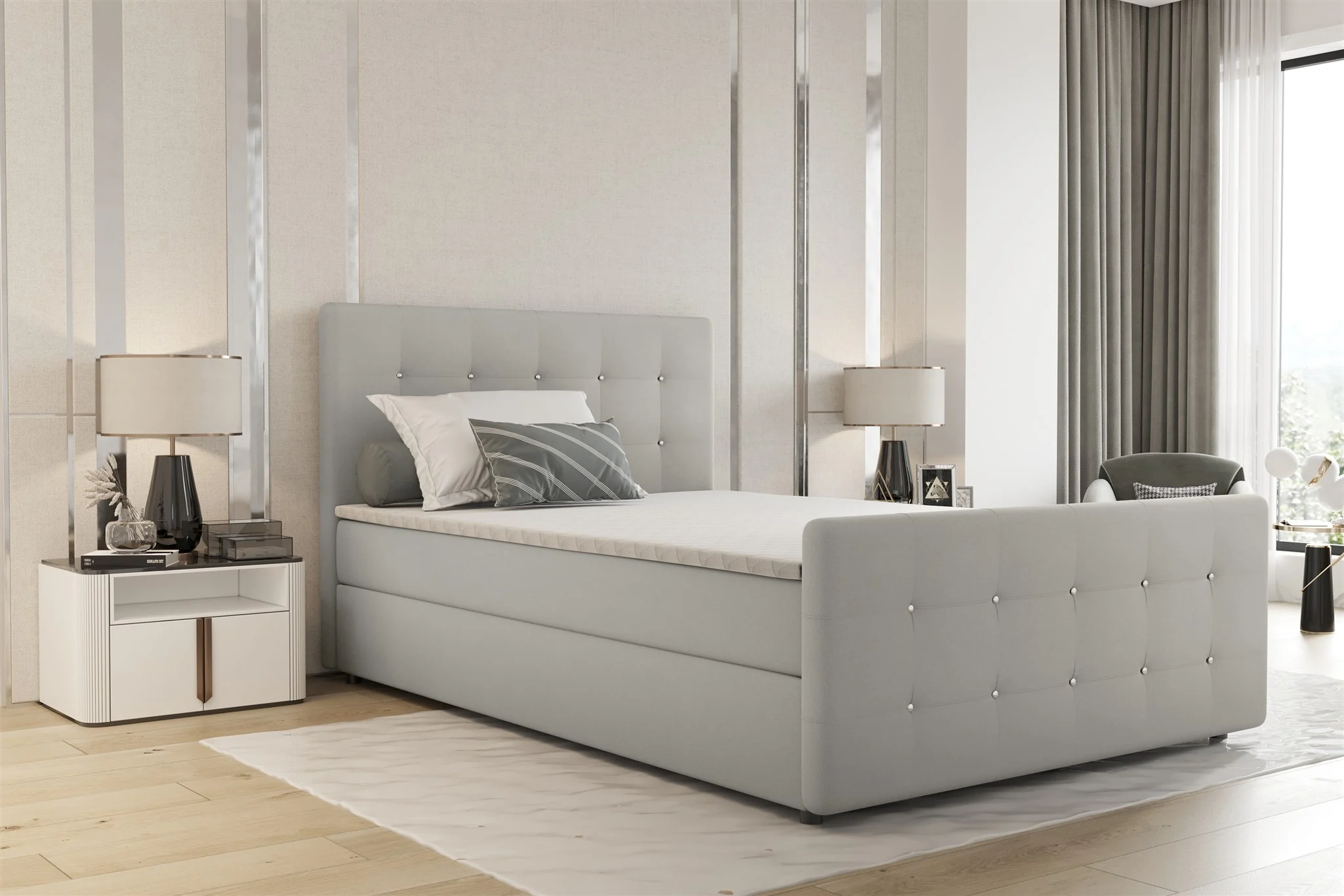 Boxspringbett Schlafzimmerbett MARKOS 120x200cm Stoff Soro Hellgrau inkl. Topper - Fun Möbel