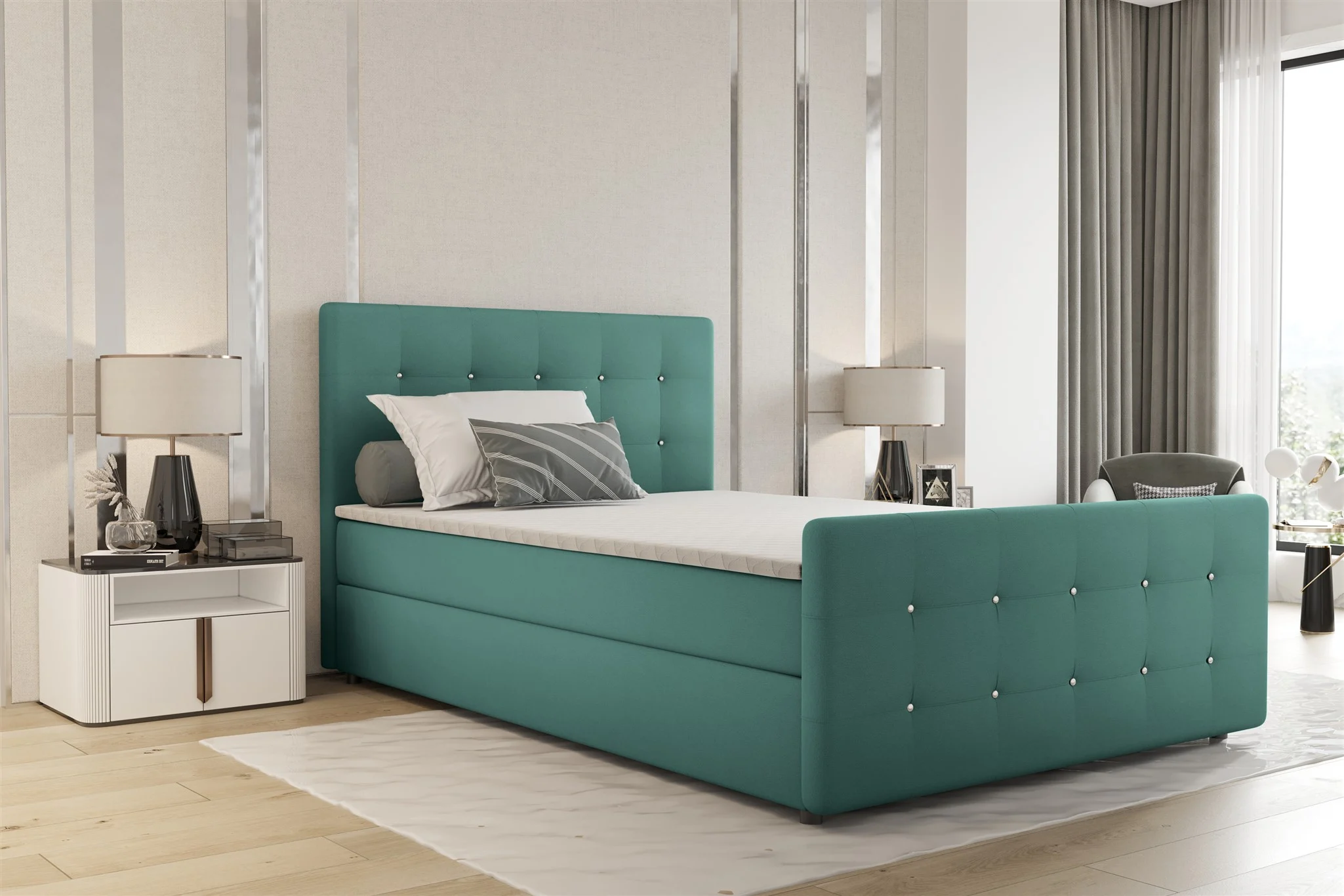 Boxspringbett Schlafzimmerbett MARKOS 120x200cm Stoff Soro Türkis inkl. Topper - Fun Möbel