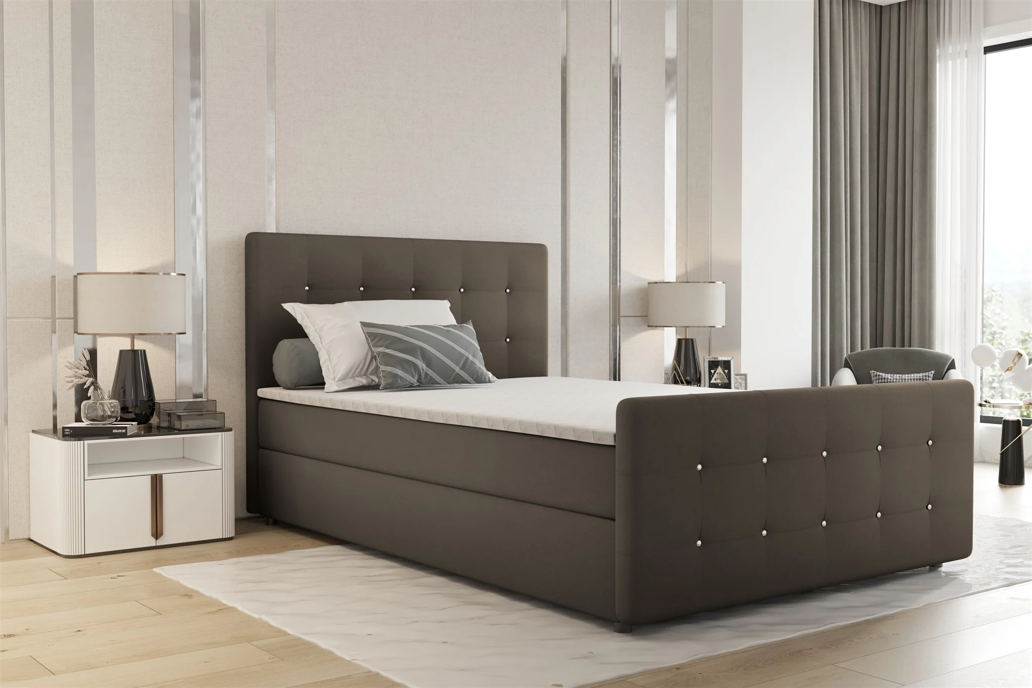 Boxspringbett Schlafzimmerbett MARKOS 120x200cm Stoff Soro Taupe inkl. Topper - Fun Möbel