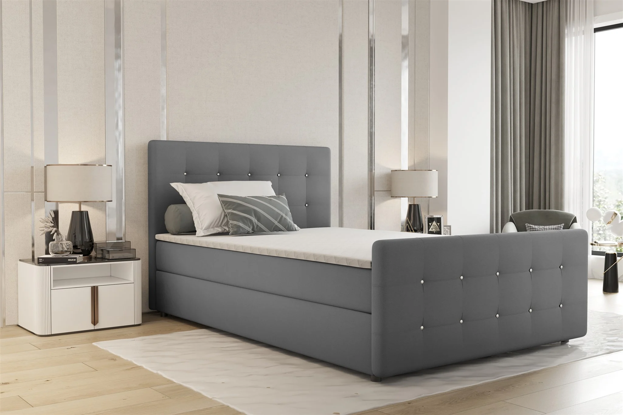Boxspringbett Schlafzimmerbett MARKOS 160x200cm Stoff Soro Grau inkl. Topper - Fun Möbel