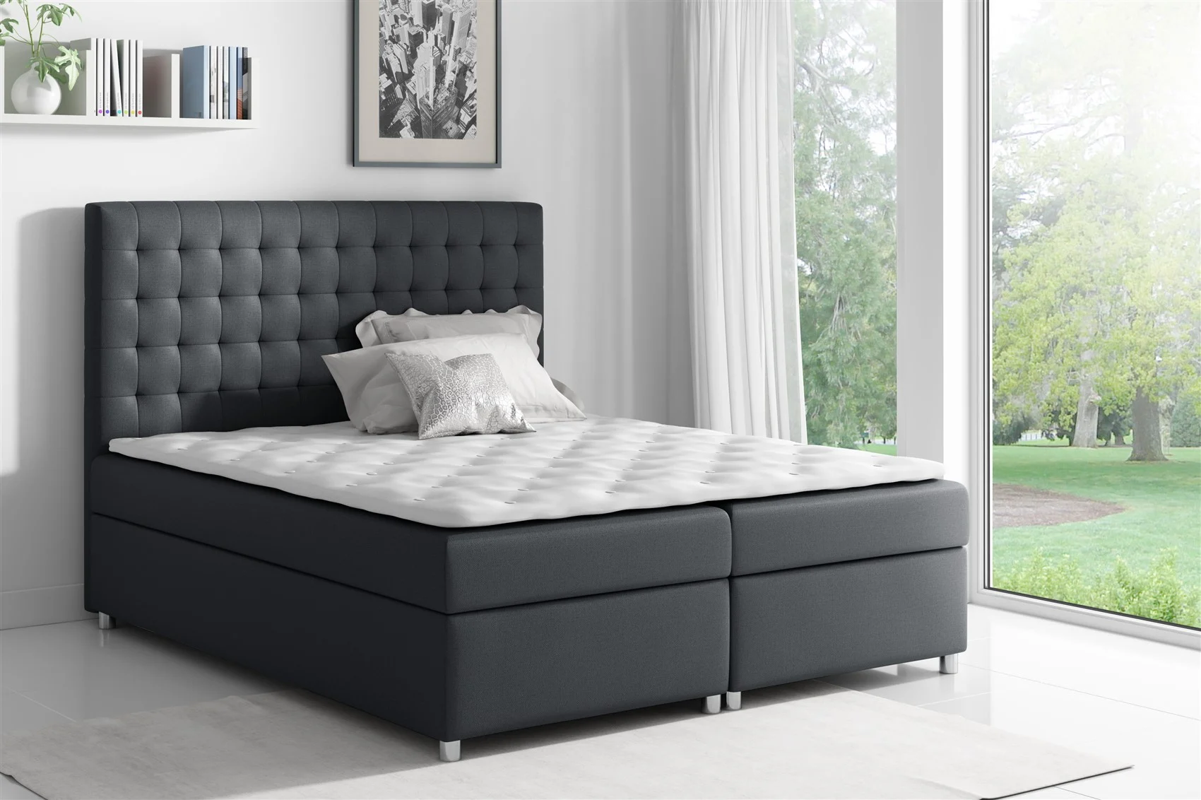 Boxspringbett Schlafzimmerbett CARIN Polyesterstoff Schwarz 200x200cm - Fun Moebel