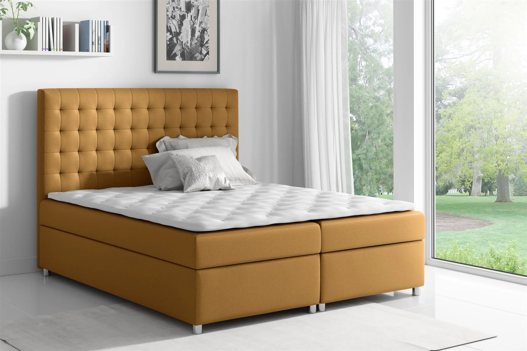 Boxspringbett Schlafzimmerbett CARIN Polyesterstoff Ockergelb 200x200cm - Fun Moebel