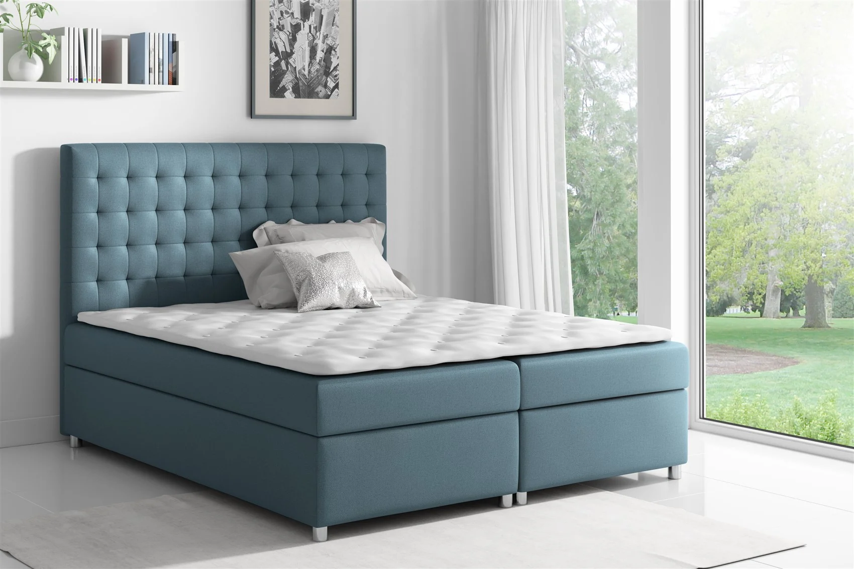 Boxspringbett Schlafzimmerbett CARIN Polyesterstoff Jeansblau 200x200cm - Fun Moebel