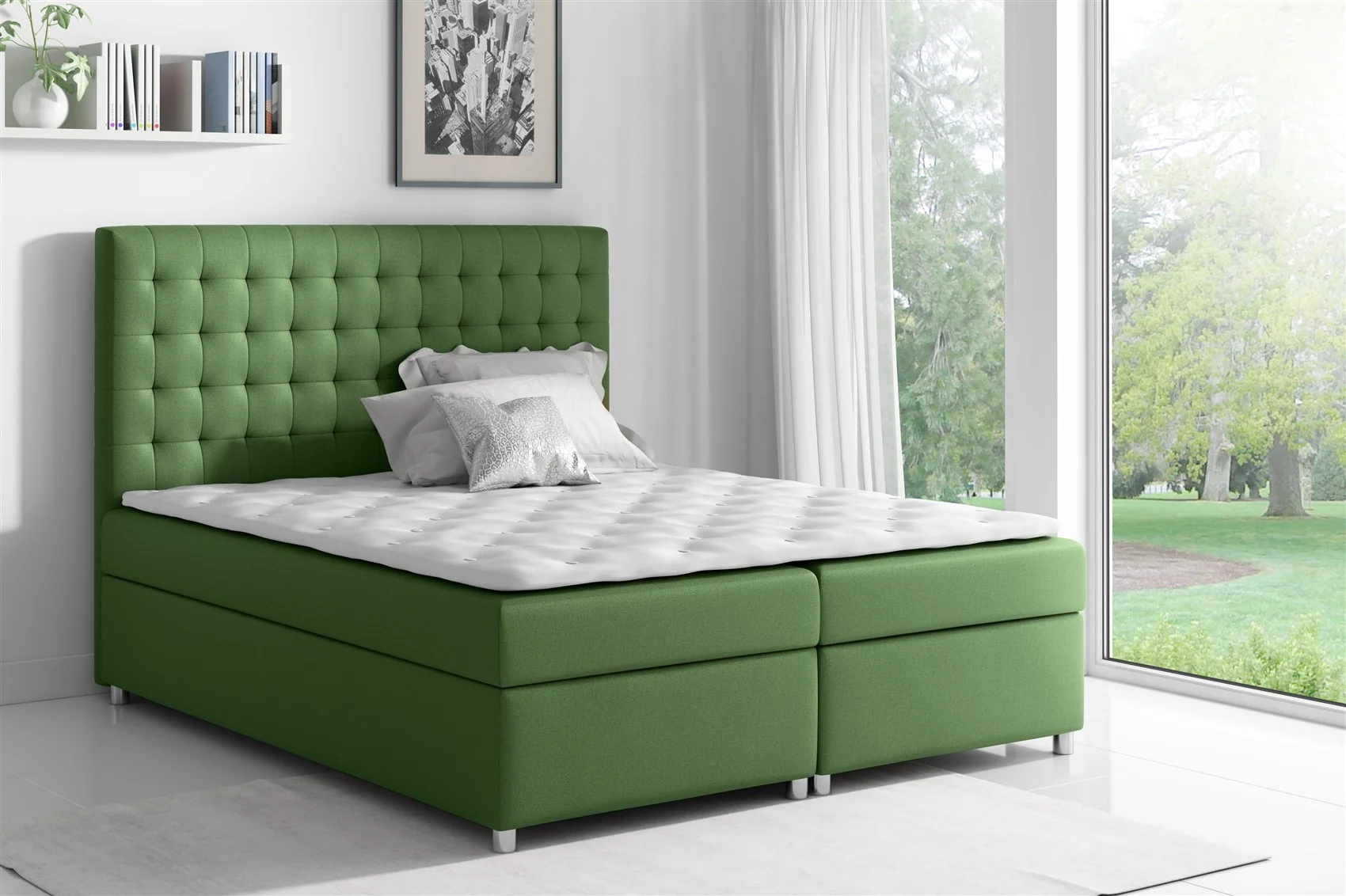 Boxspringbett Schlafzimmerbett CARIN Polyesterstoff Grün 200x200cm - Fun Moebel