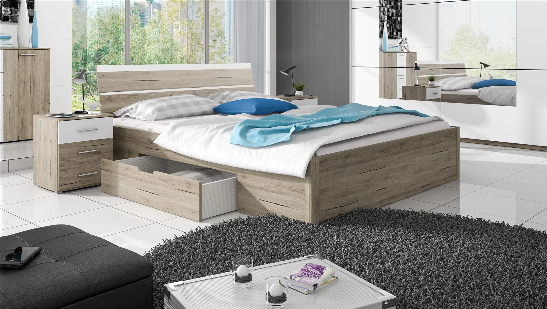 Schlafzimmerbett Bett ALVAR 180x200 cm Sanremo Eiche inkl.2 x Nako - Fun Möbel