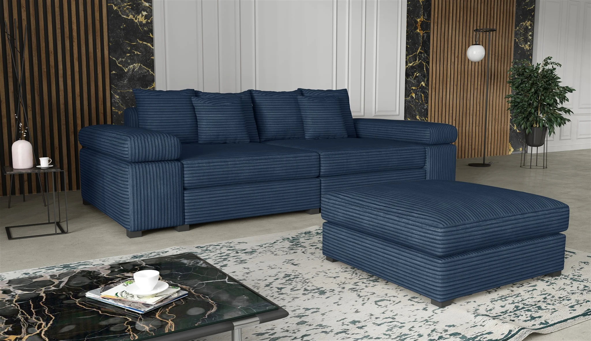 Big Sofa Megasofa Riesensofa AREZZO inkl. Hocker Stoff Tilia Dunkelblau - Fun Moebel